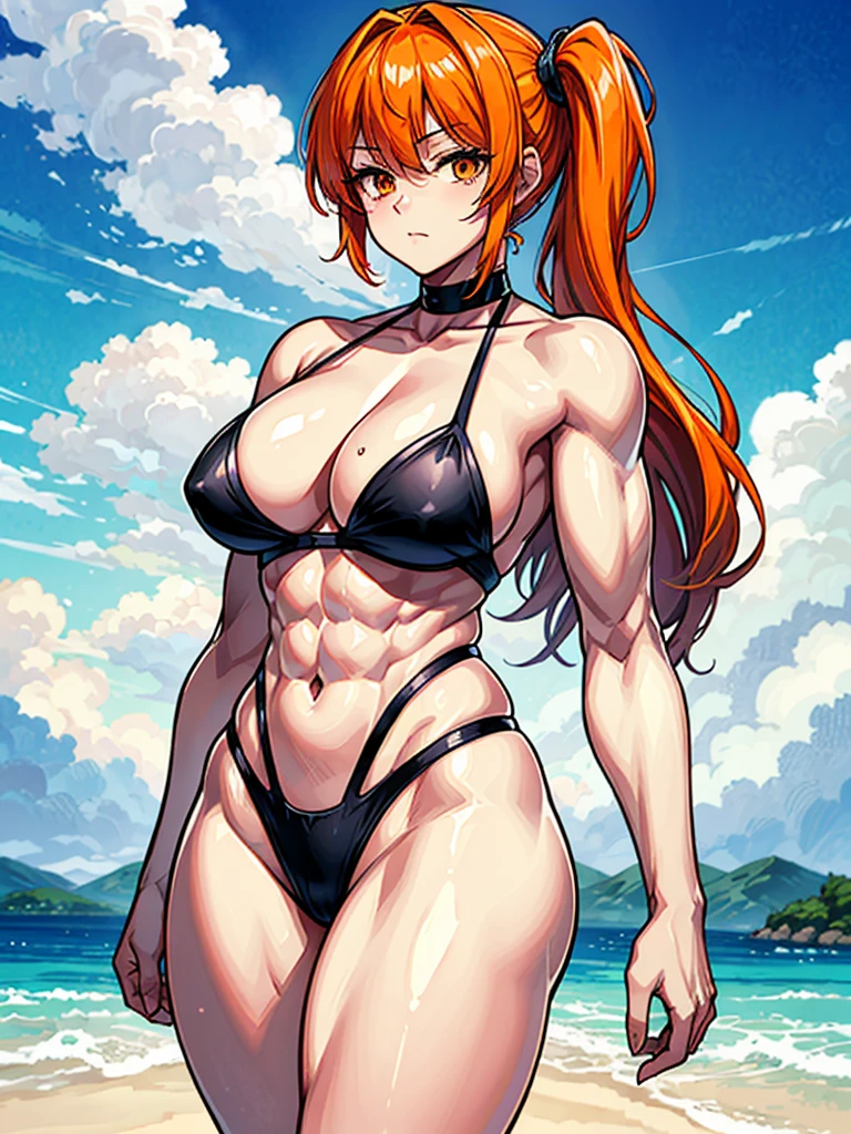 （（（masterpiece、Highest image quality、highest quality、highly detailed unity 8ｋwallpaper）））、（（Illustration of one girl））、（（（beautiful girl）））、（（orange hair、side ponytail、sidelocks：1.3、orange eyes））、（（（stocky build：1.2, thickset physique：1.3, muscular legs, broad shoulders：1.3, solid chest：1.2）））、swimsuit、sandy beach