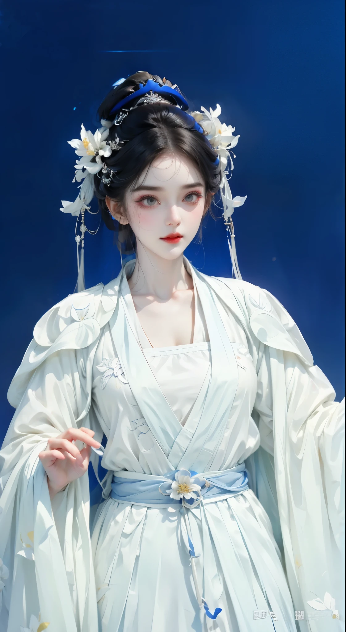 Close-up of a woman wearing a white dress and a blue background, white hanfu, wearing chinese clothes, hanfu, full body xianxia, palace ， A girl wearing Hanfu, Pair with Chinese clothing, xianxia, Ruan Jia Meili!, xianxia fantasy, China costume, cai xukun, Chinese traditional clothing