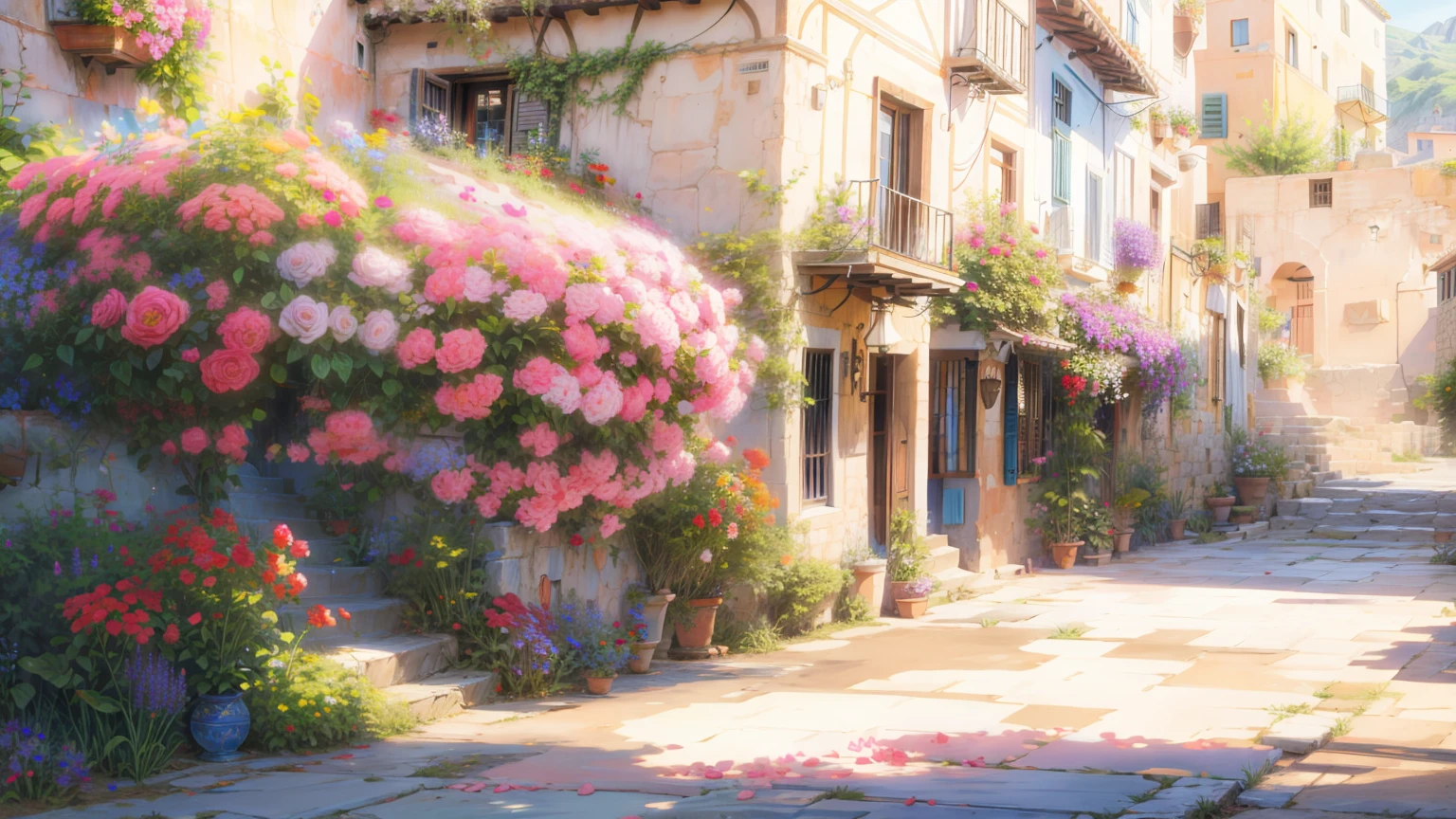 painting of a beautiful house front decorate with many roses,pink and half glass door, stone pathway,small stairs to the door, hanging door lamps, sunkissed image,flowers, beautiful art uhd 4 k, a beautiful artwork illustration, beautiful digital painting, highly detailed digital painting, beautiful digital artwork, a bustling magical town, mediterranean fisher village, mediterranean city, detailed painting 4 k, ancient mediterranean village, very detailed digital painting, rich picturesque colors, gorgeous digital painting