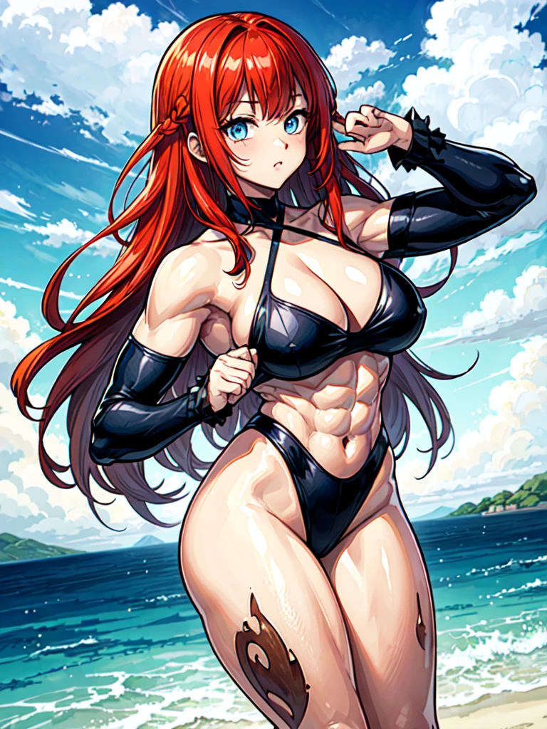 (((masterpiece、Highest image quality、highest quality、highly detailed unity 8kwallpaper)))、((Illustration of one girl))、(((beautiful girl)))、((red hair、Braid、sidelocks:1.2、blue eyes))、(((stocky build:1.2, thickset physique:1.3, muscular legs, broad shoulders:1.3, solid chest:1.2)))、swimsuit、sandy beach