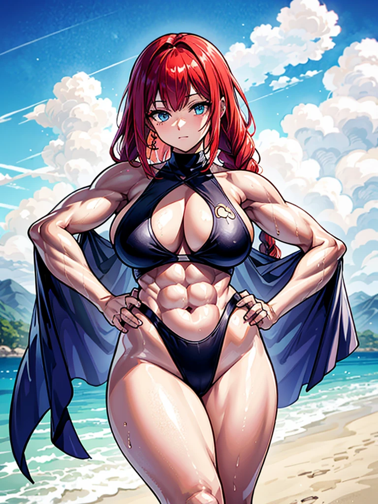 （（（masterpiece、Highest image quality、highest quality、highly detailed unity 8ｋwallpaper）））、（（Illustration of one girl））、（（（beautiful girl）））、（（red hair、Braid、sidelocks：1.2、blue eyes））、（（（stocky build：1.2, thickset physique：1.3, muscular legs, broad shoulders：1.3, solid chest：1.2）））、swimsuit、sandy beach