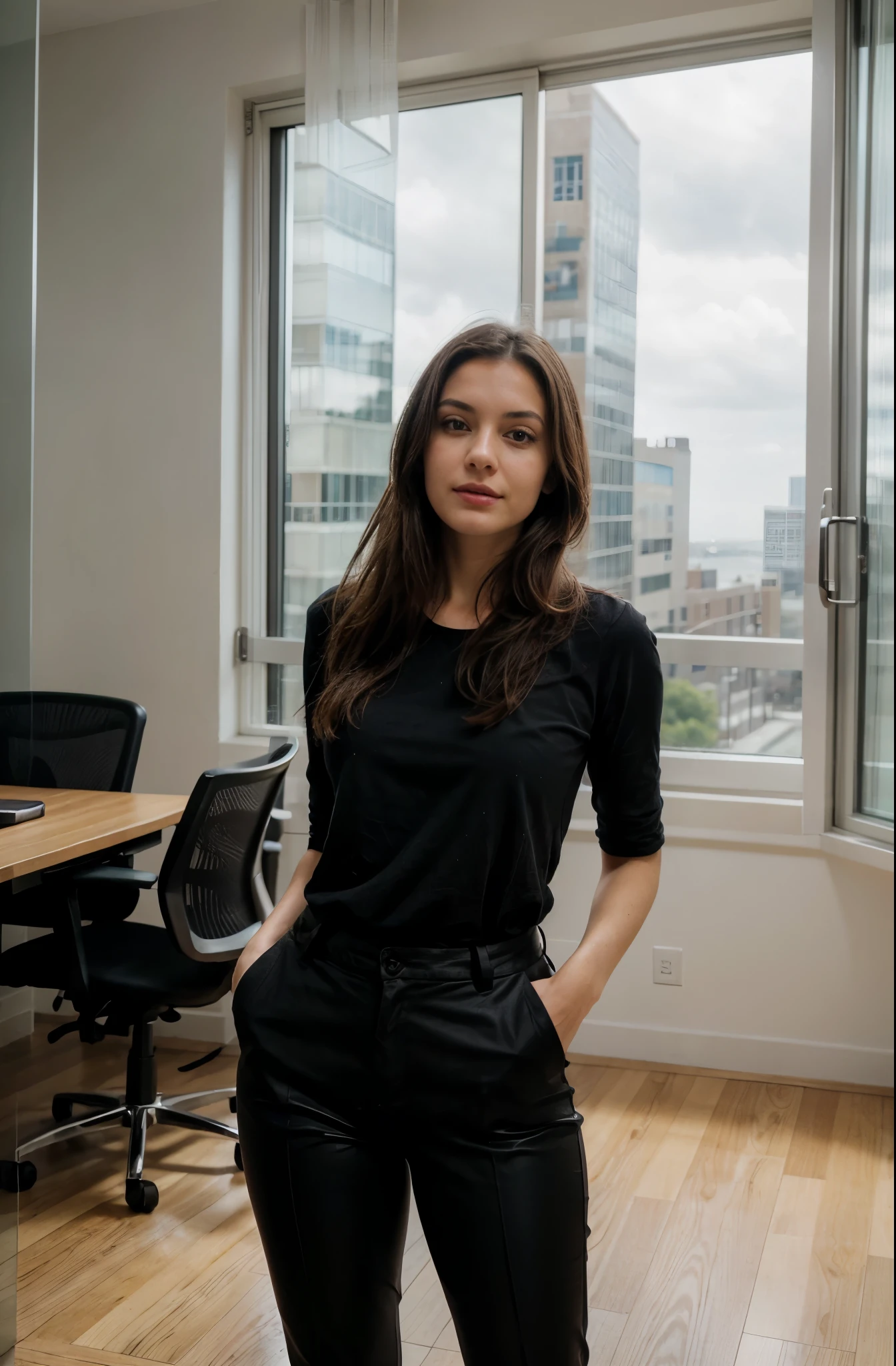 a photo of a beautiful woman, 30 years old, long beautiful hairs, dark brown hair, dark brown eyes, in a conference room,, full body, wearing white blouse with rolled up sleeves, wearing tight BLACK chino pants, the table is in the foreground, her legs are visible, the view is from 45 degrees from the side from the front, looking in the camera, red lipstic, natural light coomming from a window, there is a wann behind her, backgorund blurred, cinematic lighting, motion blur, film grain, very detailed, 30 years, dark brown eyes, high-res, masterpiece, best quality, intricate details, highly detailed, sharp focus, detailed skin, realistic skin texture, texture, detailed eyes, professional, 4k, 85mm, shallow depth of field, perfect fit body, extremely detailed, photo_\(ultra\), photorealistic, realistic, post-processing, maximum detail, roughness, real life, ultra realistic, photorealism, photography, 8k uhd, photography (grain of film) medium shot for closeup shot, longer slimer face, perfect face, HANDS ARE HIDDEN, natural legs, wearing tights, natural arms, middle size breast, charming deep eyes, flirty look. hands are hidden, sexy, beautiful detailed face, perfect face