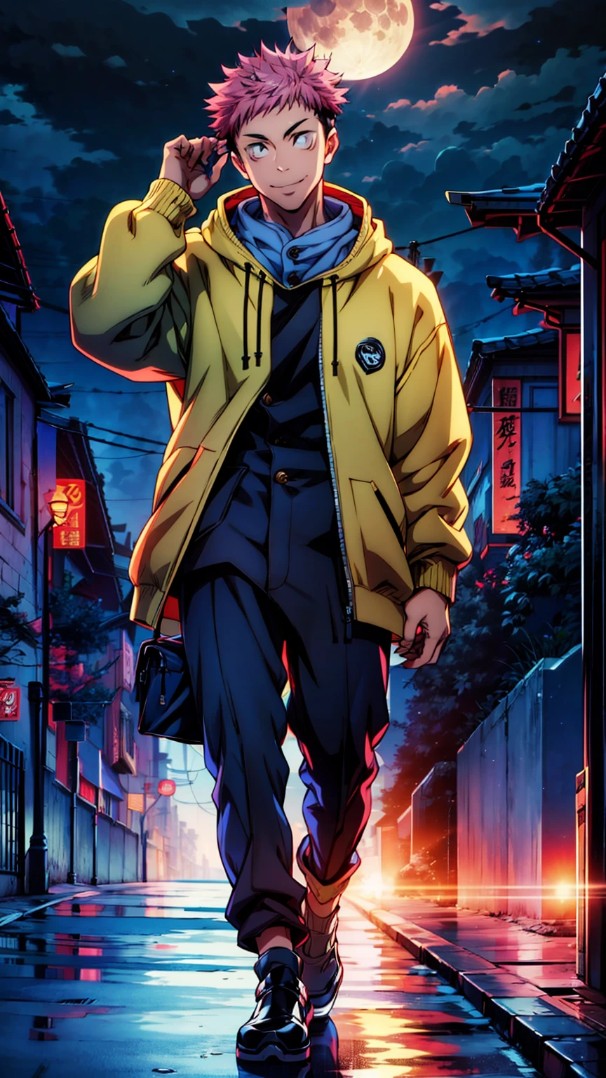 1boy, full body shot, 173 cm,perfect hand and fingers, itadori yuuji, black outfit, pink hair, look at sky, smile, red and dark moon city night background, wallpaper, cinematic,High resolution 8K, Bright light illumination, lens flare, sharpness, masterpiece, top-quality, The ultra -The high-definition, high resolution, extremely details CG, Anime style, Film Portrait Photography,masterpiece,hyperdetail
