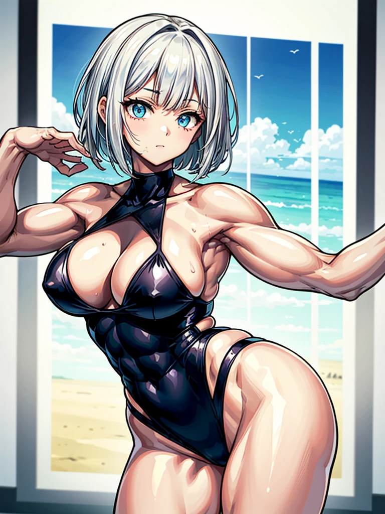(((masterpiece、Highest image quality、highest quality、highly detailed unity 8kwallpaper)))、((Illustration of one girl))、(((beautiful girl)))、((white hair、short hair、crew cut:1.2、light blue eyes))、(((stocky build, thickset physique, muscular legs, broad shoulders, solid chest:1.3)))、swimsuit、sandy beach