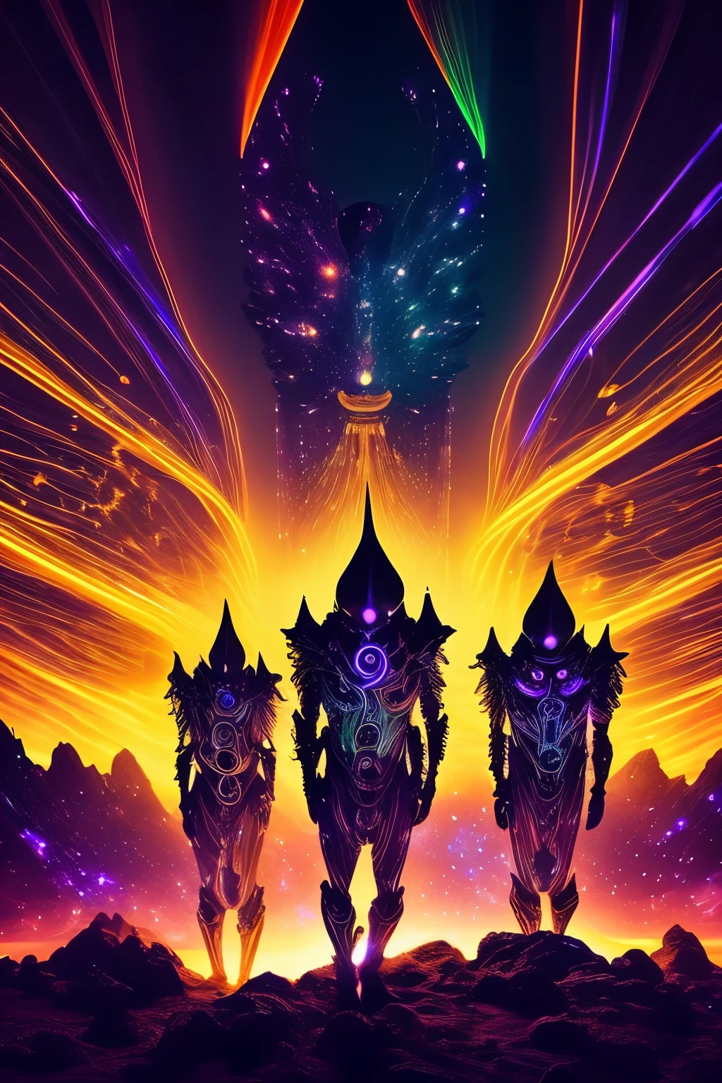 Celestial Cosmic beings with glowing light eyes emerge from the inky blackness of the night, their Biomechanical forms exuding an eerie and creepy aura, bathed in Very bright colors that pulsate with the rhythm of the cosmos. Light particles dance around them, leaving trails of radiant energy in the air, illuminating the nightmarish landscape. Mshiff, the enigmatic entity among them, gazes at the viewer with an intensity that is both mesmerizing and unnerving. This captivating scene is brought to life through a cinematic photoshoot in Ultra HD 16k definition, utilizing the powerful capabilities of the Canon E