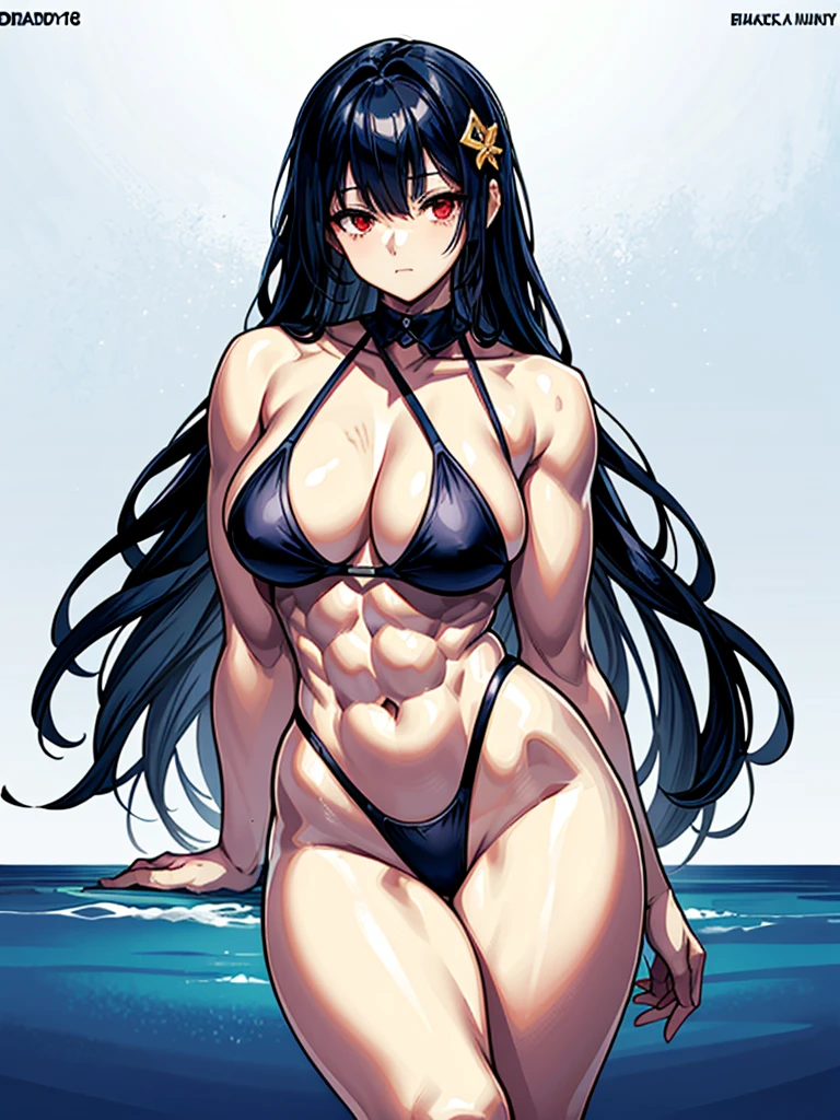 (((masterpiece、Highest image quality、highest quality、highly detailed unity 8kwallpaper)))、((Illustration of one girl))、(((beautiful girl)))、((black hair:1.3、straight hair、Very Longhair、golden hair ornament、red eyes))、(tall:1.3、stocky build:1.3, thickset physique, muscular legs, broad shoulders, solid chest)、swimsuit、sandy beach