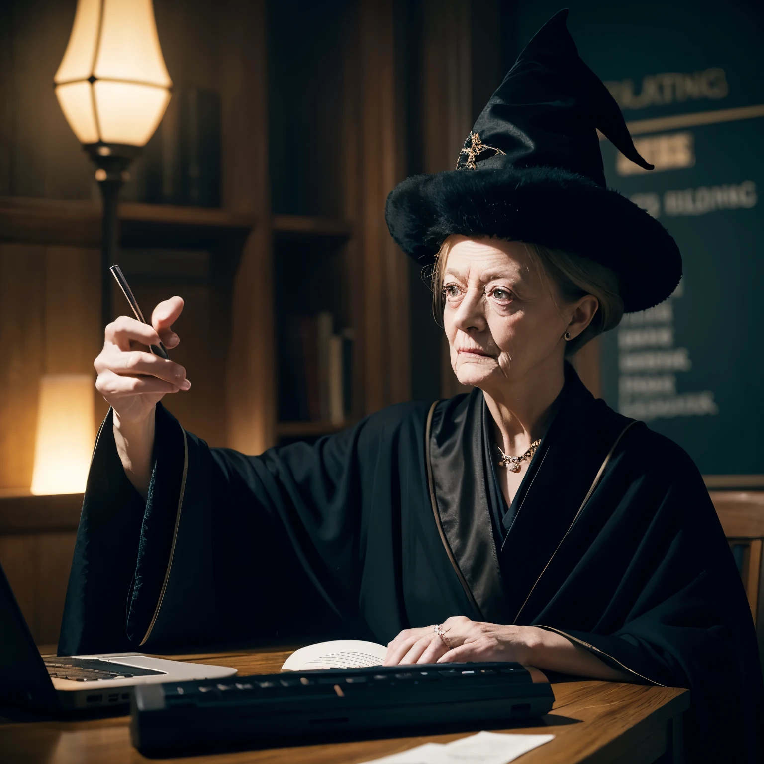 Maggie Smith,The head wears a wizard hat，Wearing black wizarding robes，computer，hyper-realistic