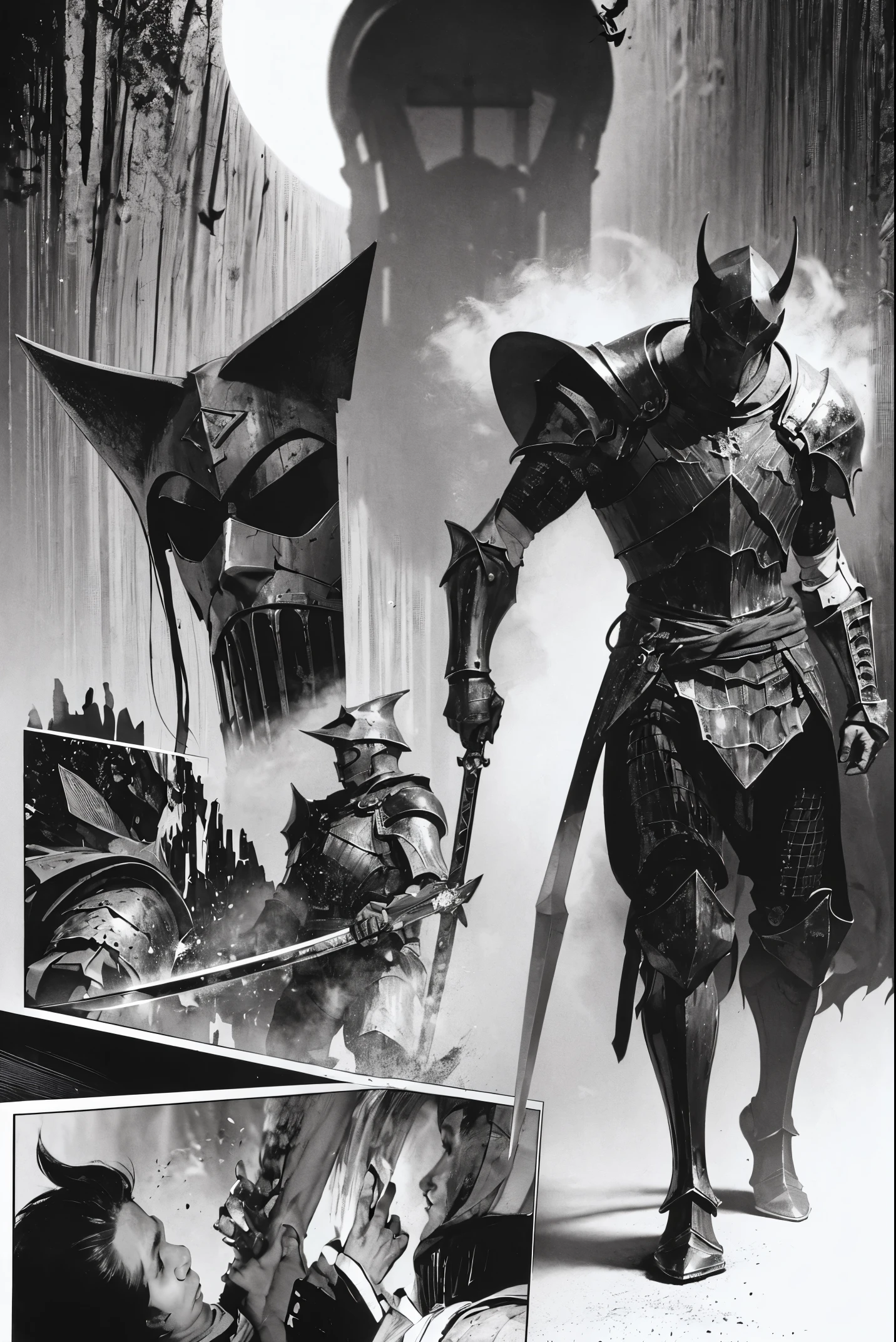 highres,[manga style,anime style],knight dark figure,sword,moonlight,heavy armor,intense eyes,contrasting shadows,sharp details,dramatic pose,ethereal background,mystical atmosphere,vibrant colors,comic book aesthetics,expressive lines,action-packed scene,heroic silhouette,dynamic composition