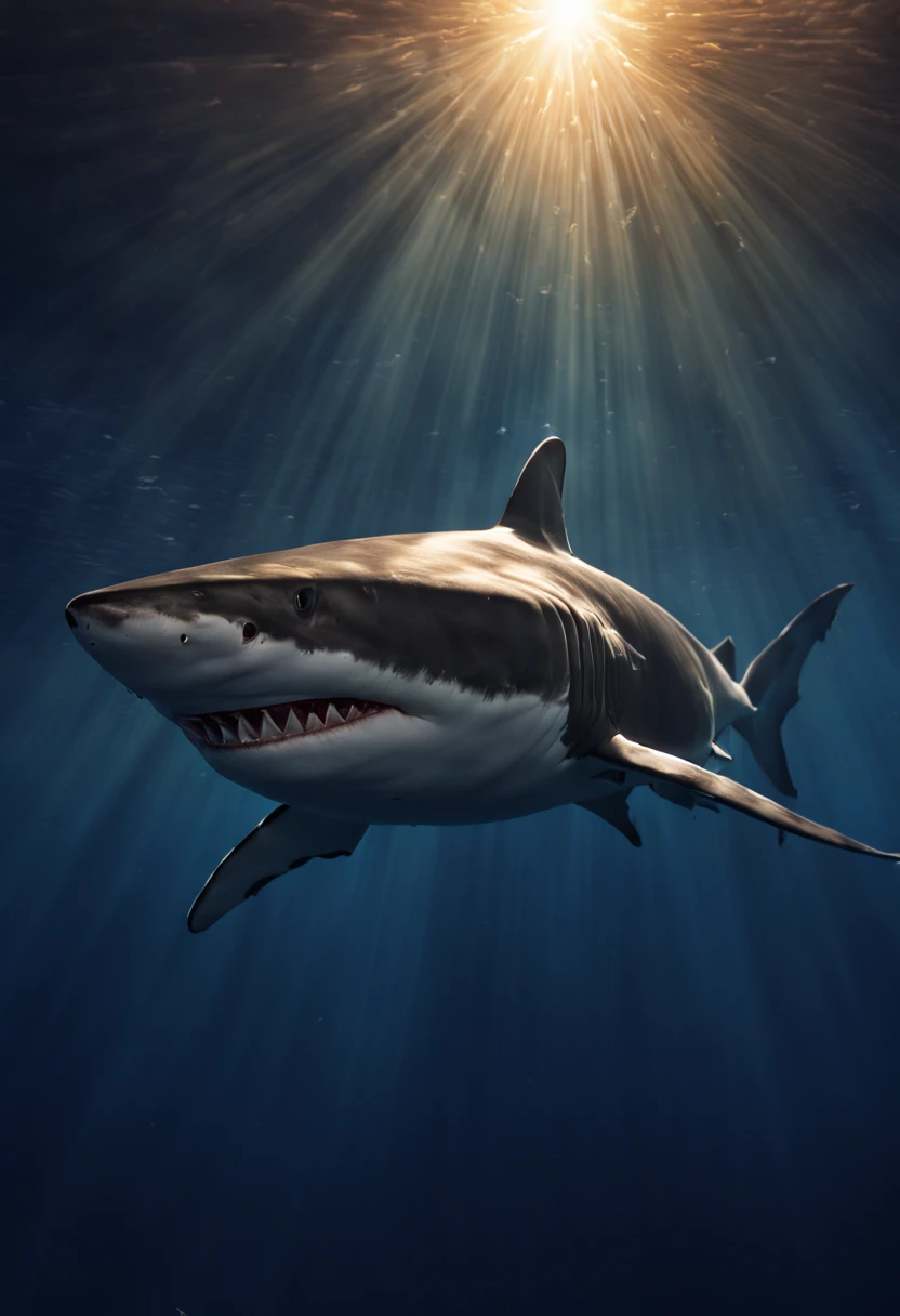 a shark, deep sea, sunlight, by Miki Asai, best quality, masterpiece, 8k