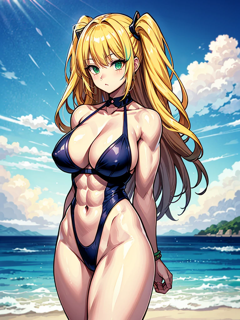 (((masterpiece、Highest image quality、highest quality、highly detailed unity 8kwallpaper)))、((Illustration of one girl))、(((beautiful girl)))、((blonde、pixie cut:1.2、two side up、sidelocks、green eyes))、(((tall、stocky build, thickset physique:1.3, muscular legs, broad shoulders, solid chest)))、swimsuit、sandy beach