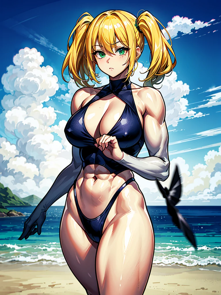 (((masterpiece、Highest image quality、highest quality、highly detailed unity 8kwallpaper)))、((Illustration of one girl))、(((beautiful girl)))、((blonde、pixie cut:1.2、two side up、sidelocks、green eyes))、(((tall、stocky build, thickset physique:1.3, muscular legs, broad shoulders, solid chest)))、swimsuit、sandy beach