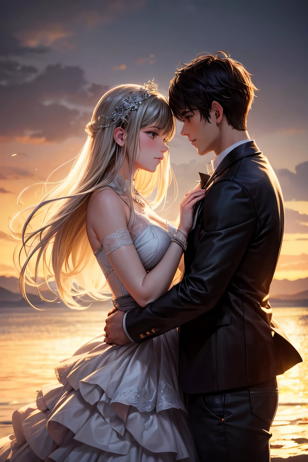 Using the six most commonly used texture maps ,create a photograph of a beautiful romance couple, add in romance, create an atmosphere of mystery, add an expression on her face to match the theme, diffuse all the colours