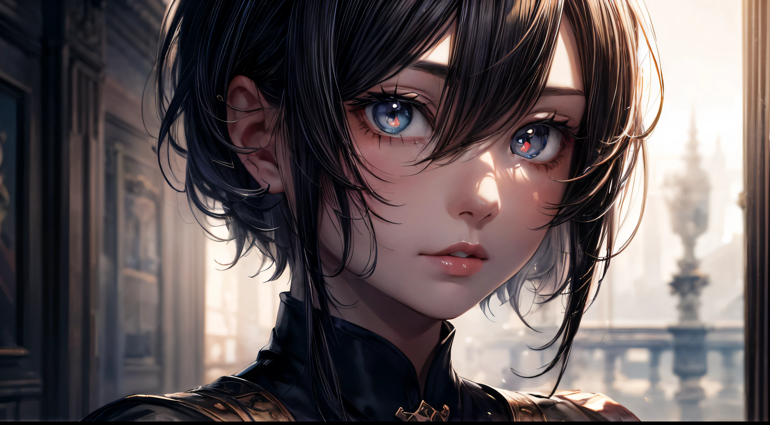 1girl in, (((shorth hair))), jugendstil,(masterpiece, top-quality, Near and far law, depth of fields:1.5), beautiful countenance, 8k, Raw foto, HDR, Photorealsitic, film grains, chromatic abberation, hight resolution, ultra-detailliert, finely detail, 动态照明, Dramatic lighting、shadowy、extremely detailed eye and face、Round pupils、Realistic pupils、clean back ground