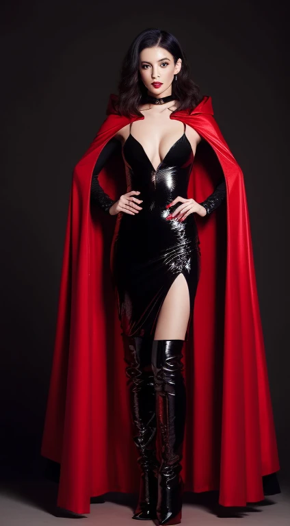 asian beauty,be realistic,red sequin dress,A super long and wide black satin vampire cloak that wraps around the body.、cape、Comes with a red satin vampire collar that reaches to the back of the head.,collar is up、hood、Black thigh-high boots with stiletto heels, standing,frontage,full body image