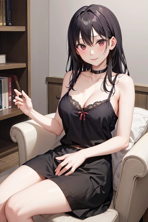 Black hair, pink eyes,large breast, red lingerie, red underwear, red bra, sexy, smile, a hotel bedroom