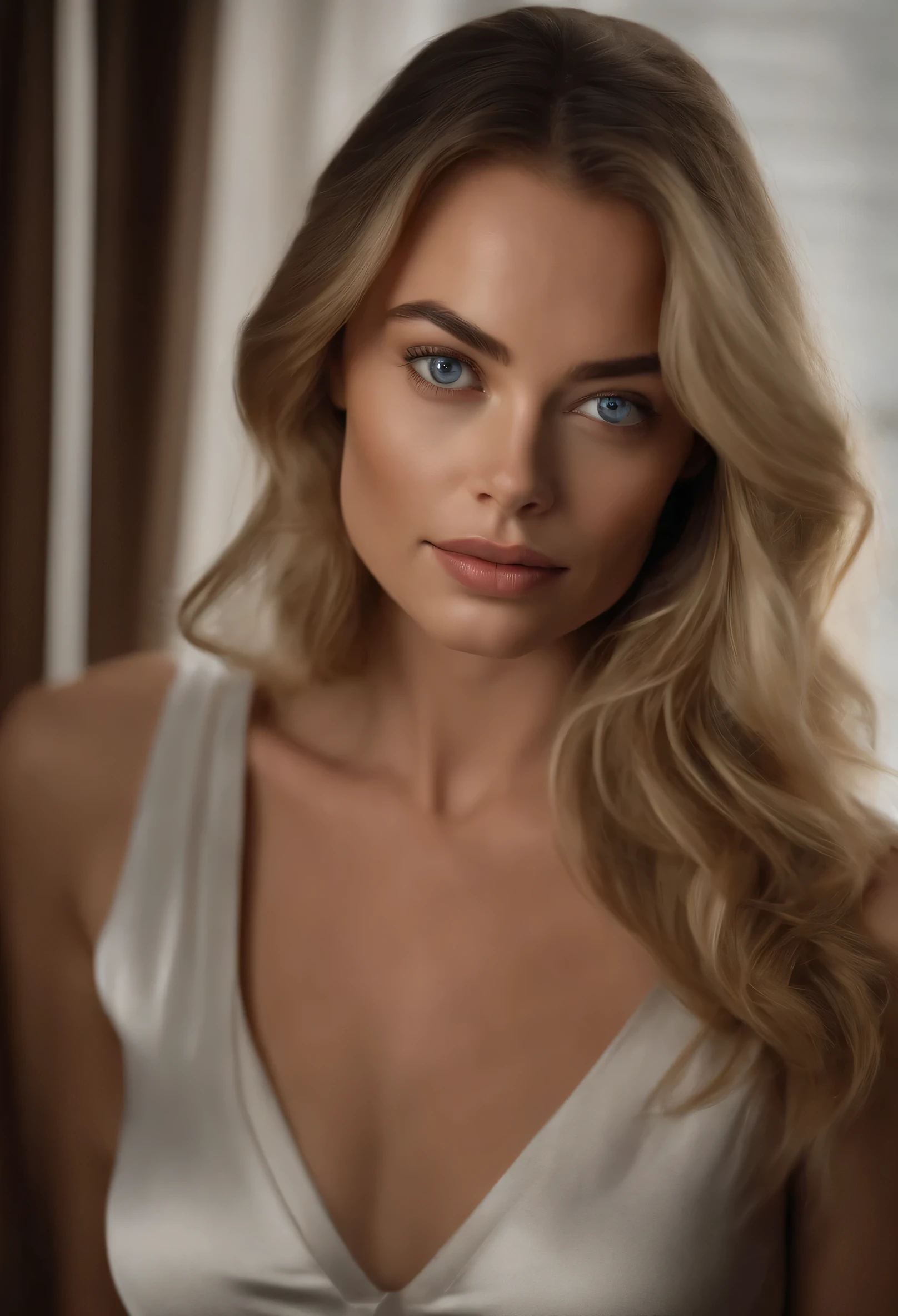 sexy girl with blue eyes, ultra realistic, carefully detailed, Portrait of margot robbie, blonde hair and big eyes, selfie of a young woman, глаза in the bedroom, Violet Myers, without makeup, natural makeup, looking straight into the camera, face with artgram, subtle makeup, Stunning full body shot, kneeling on the bed, in the bedroom, large breast size