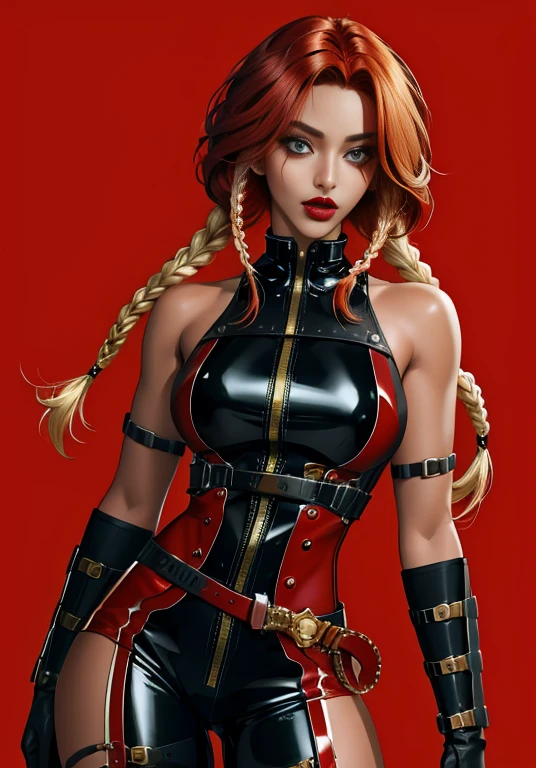 1girl, (red hair), solo, short hair, gold eyes, multicolored hair, twin_low_braids, blonde braids, looking at viewer, black gloves, red hair, red background, streaked hair, red lips, muscular, (dark skin),  hair covering one eye ,red theme,bad-girl, large breasts,shiny skin,(mature female), cowboy shot