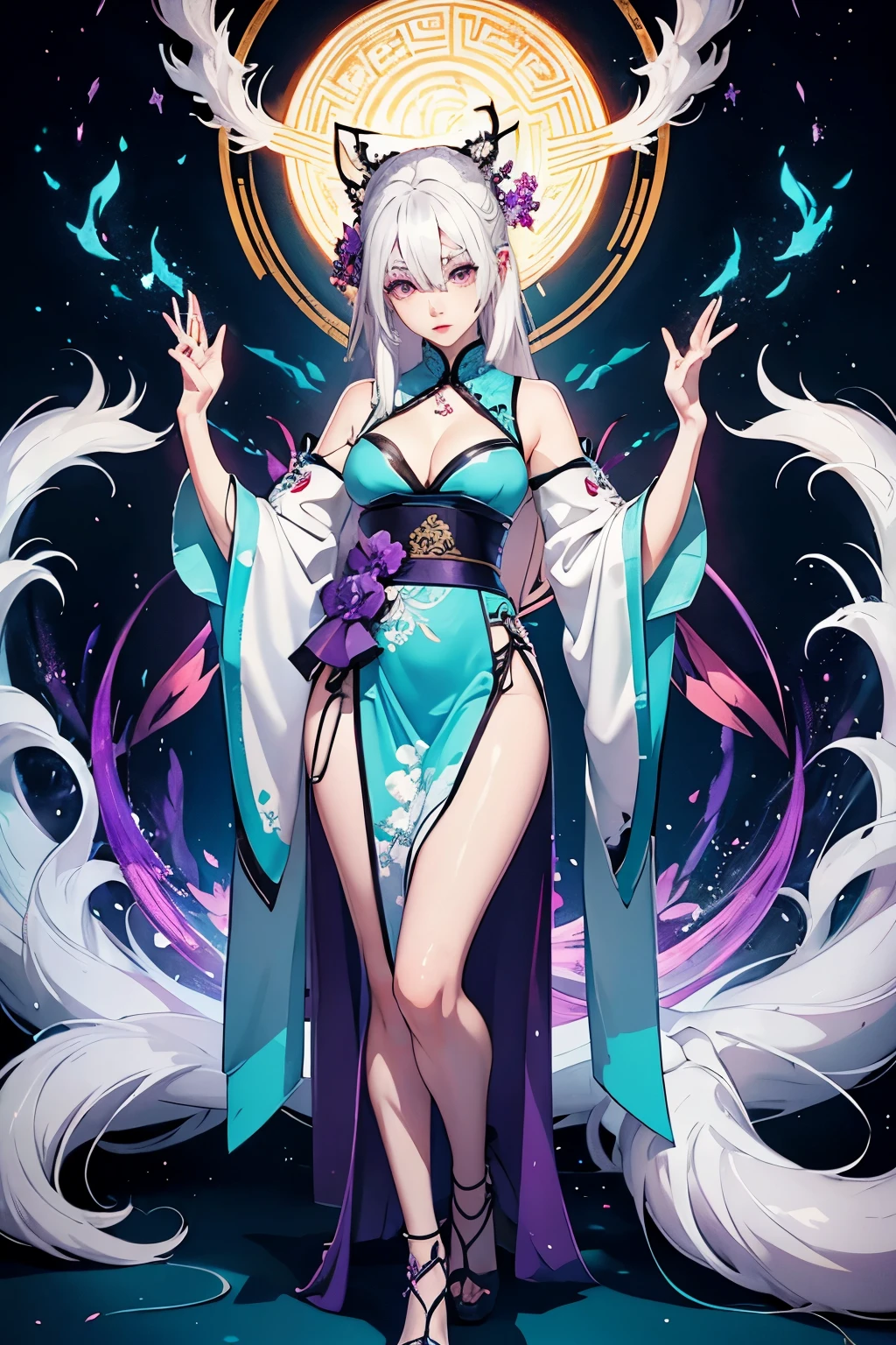 beautiful white-haired kitsune girl, purple-eyed, wearing a turquoise Chinese dress, full body portrait, detailed eyes, detailed lips, extremely detailed face, long eyelashes, manga art style, vibrant colors, soft lighting, high resolution, HDR, bokeh