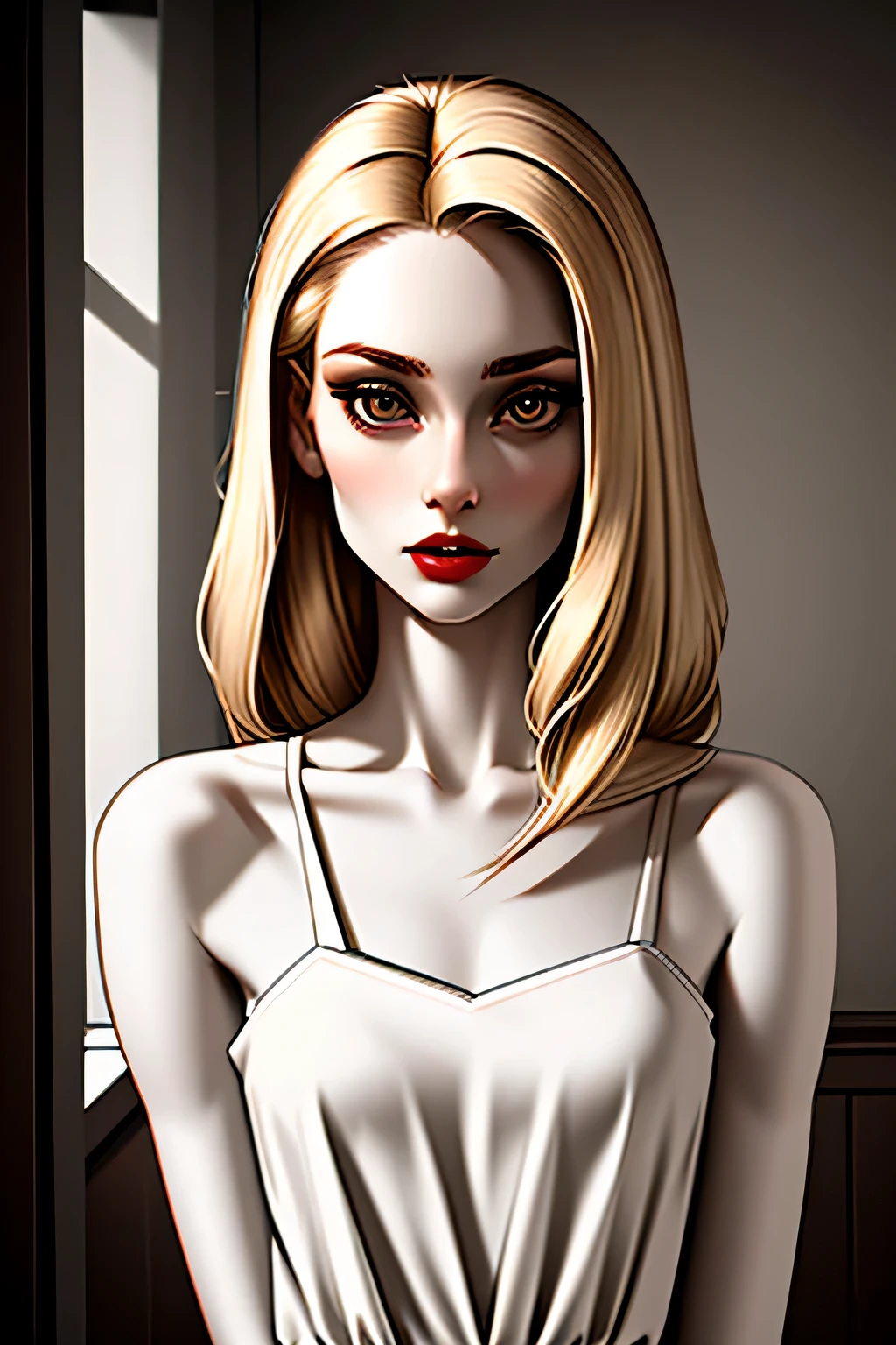 (masterpiece), best quality, high res, expressive eyes, 1girl, looking at viewer, Female, perfect face, beautiful, brown eyes, petite, blonde hair, shoulder length hair, medium hair length, straight hair, pale skin, pale, porcelain skin, cute, pure, shy, slender,