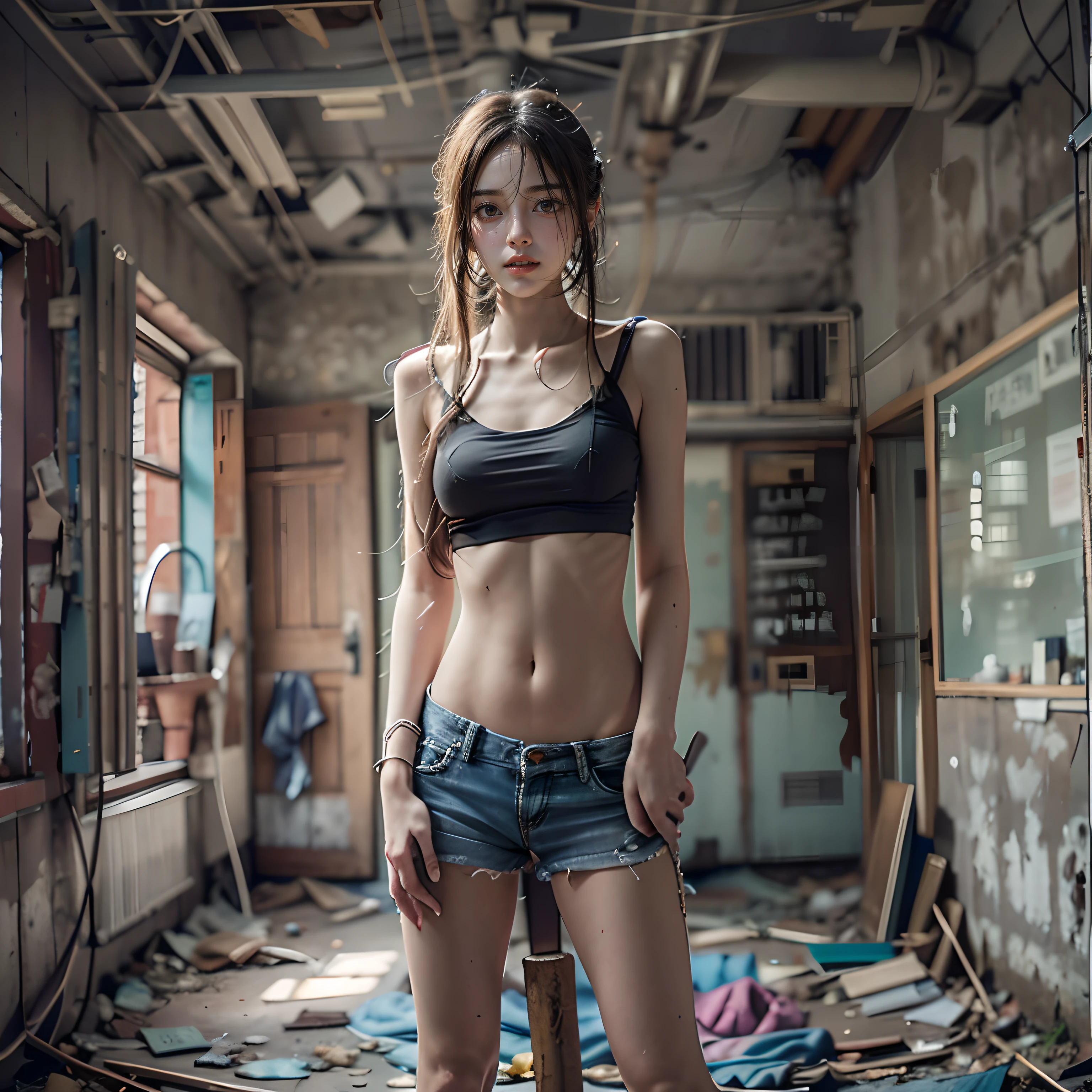 Abandoned school sexy standing pose,full-body portraits(1:1),18 years old girls,Slender and slender figure,Skinny,As thin as a whipping post,Smaller bust,The barefoot,Random nudity all over the body,exhibitionists,Random exposure of genitals,face to the viewer