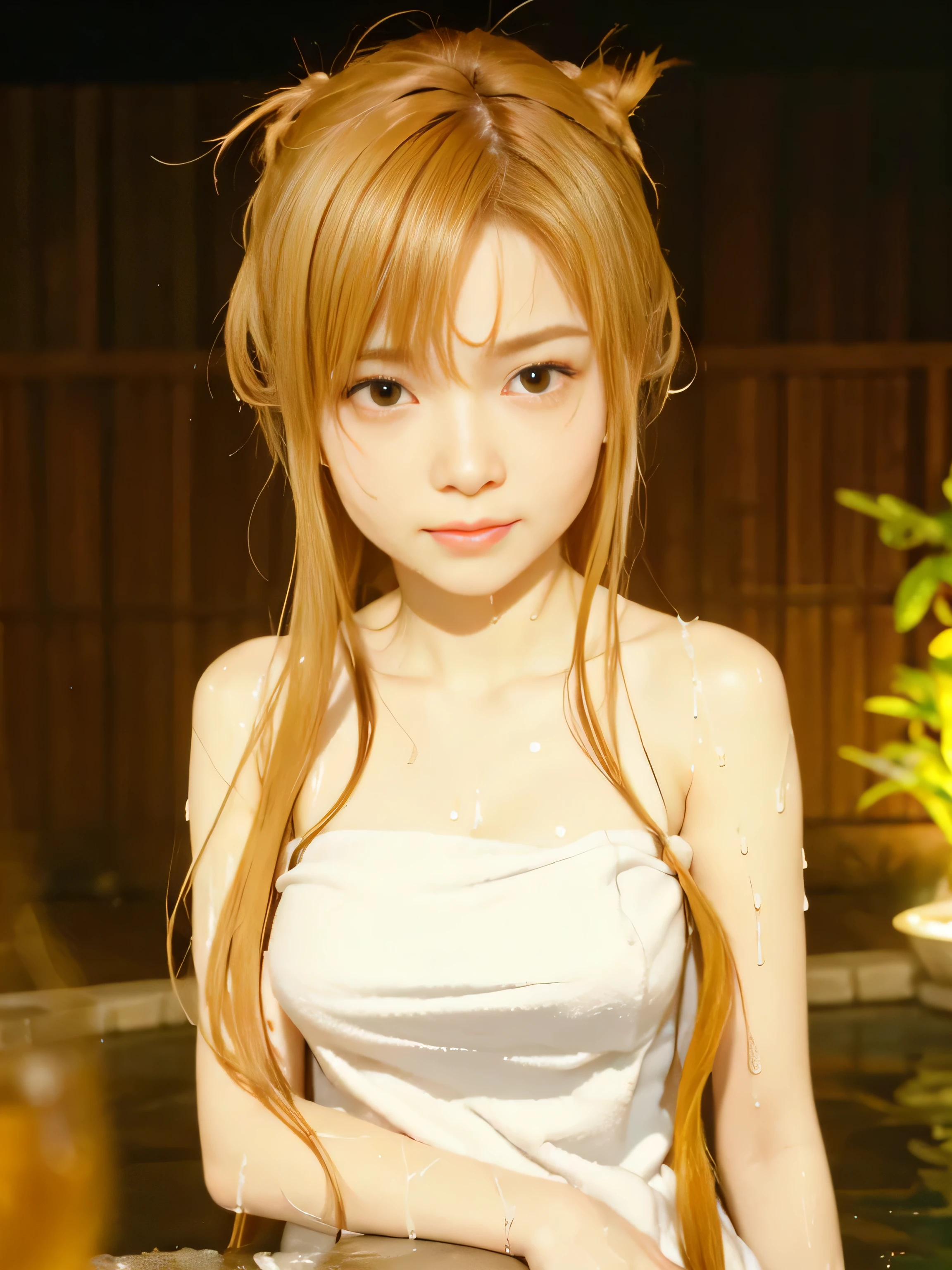 masterpiece, best quality, (realistic,photo-realistic:1.4), (RAW photo:1.2), extremely detailed CG unity 8k wallpaper, delicate and beautiful, amazing,finely detail, official art, absurdres, incredibly absurdres, huge filesize, ultra-detailed,extremely detailed eyes and face,light on face,little smile,(caramel hair:1.4),asuna yuuki,night,(wearing towel:1.4),hotspring