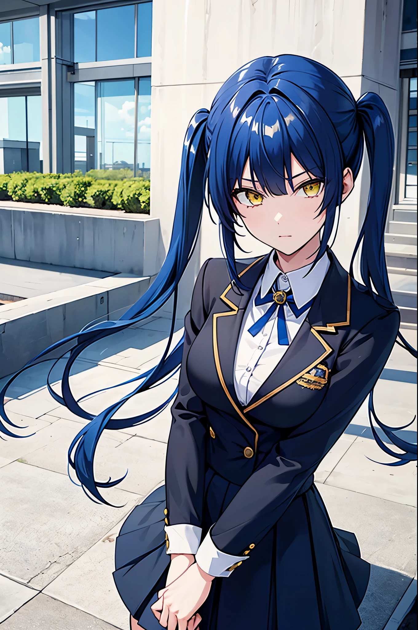 blue hair, yellow eyes, twintails, school uniform, shirt, very long skirt, suit