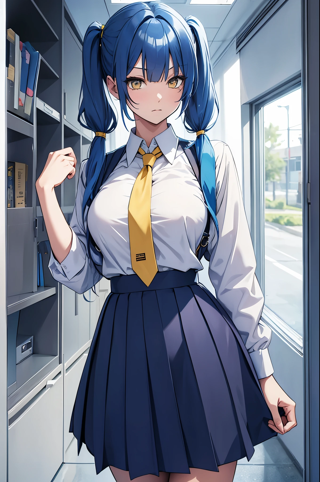 blue hair, yellow eyes, twintails, school uniform, shirt, very long skirt, suit