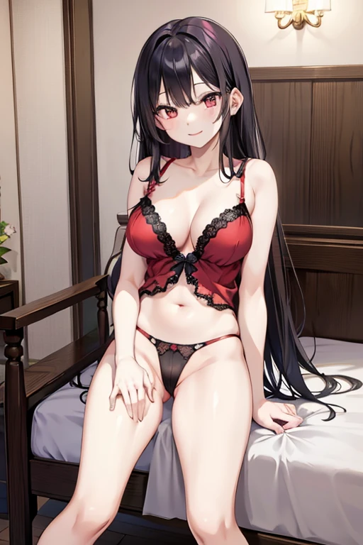 Black hair, pink eyes,large breast, red lingerie, red underwear, red bra, sexy, smile, a hotel bedroom
