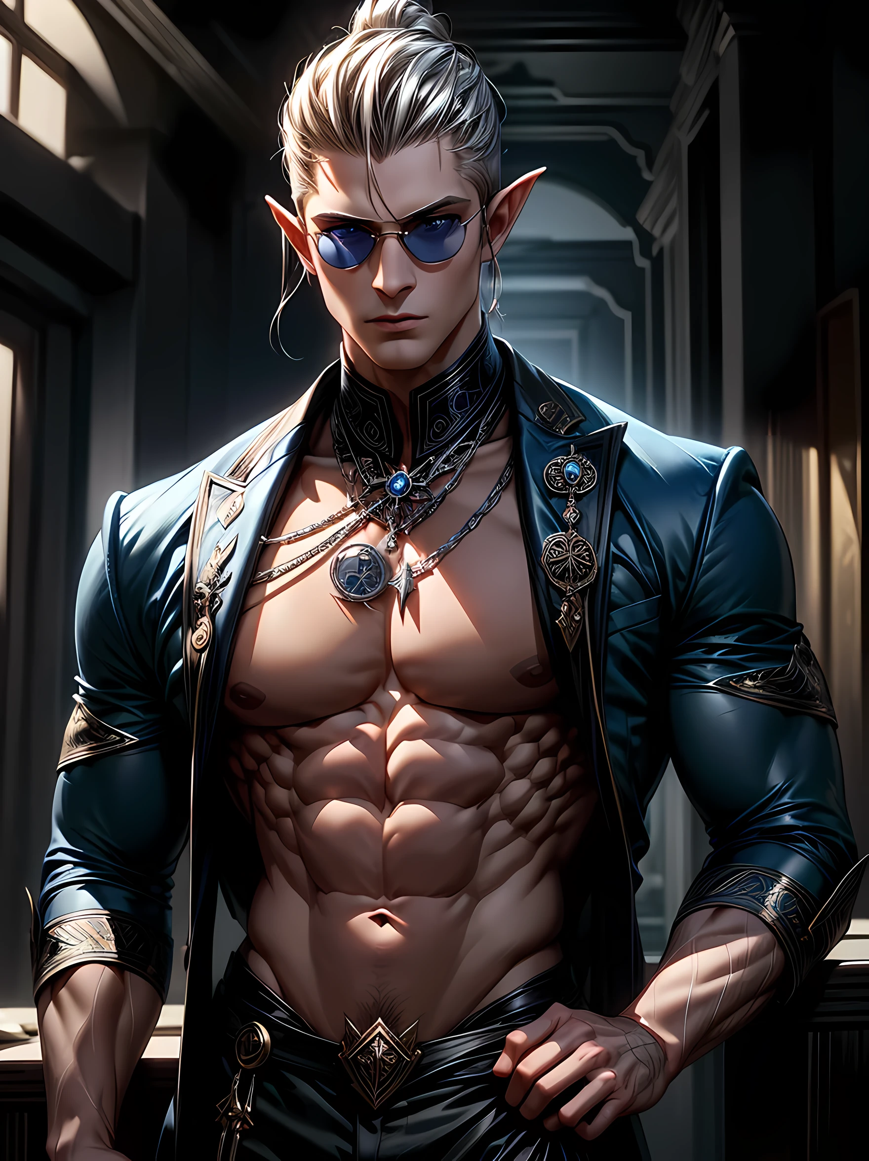 Top quality, Photorealistic, 8K, High Definition, Unity 8K wallpaper, high res, ultra sharp, masterpiece, ((masterpiece)), best quality, expressive eyes, perfect face, detailed face, detailed eyes, masterpiece, highly detailed exquisite character art, epic fantasy digital art style, detailed digital 3D fantasy art, ultra-realistic, detailed body, detailed pecs, there is a man in a blue suit and sunglasses standing in a yard, Muscular build, large Chest, he's an incubus, elven male, hazel eyes, silvery skinned male elf, white shaved sides with a man bun, love eyes, long nails, dark fantasy, playful, seductive