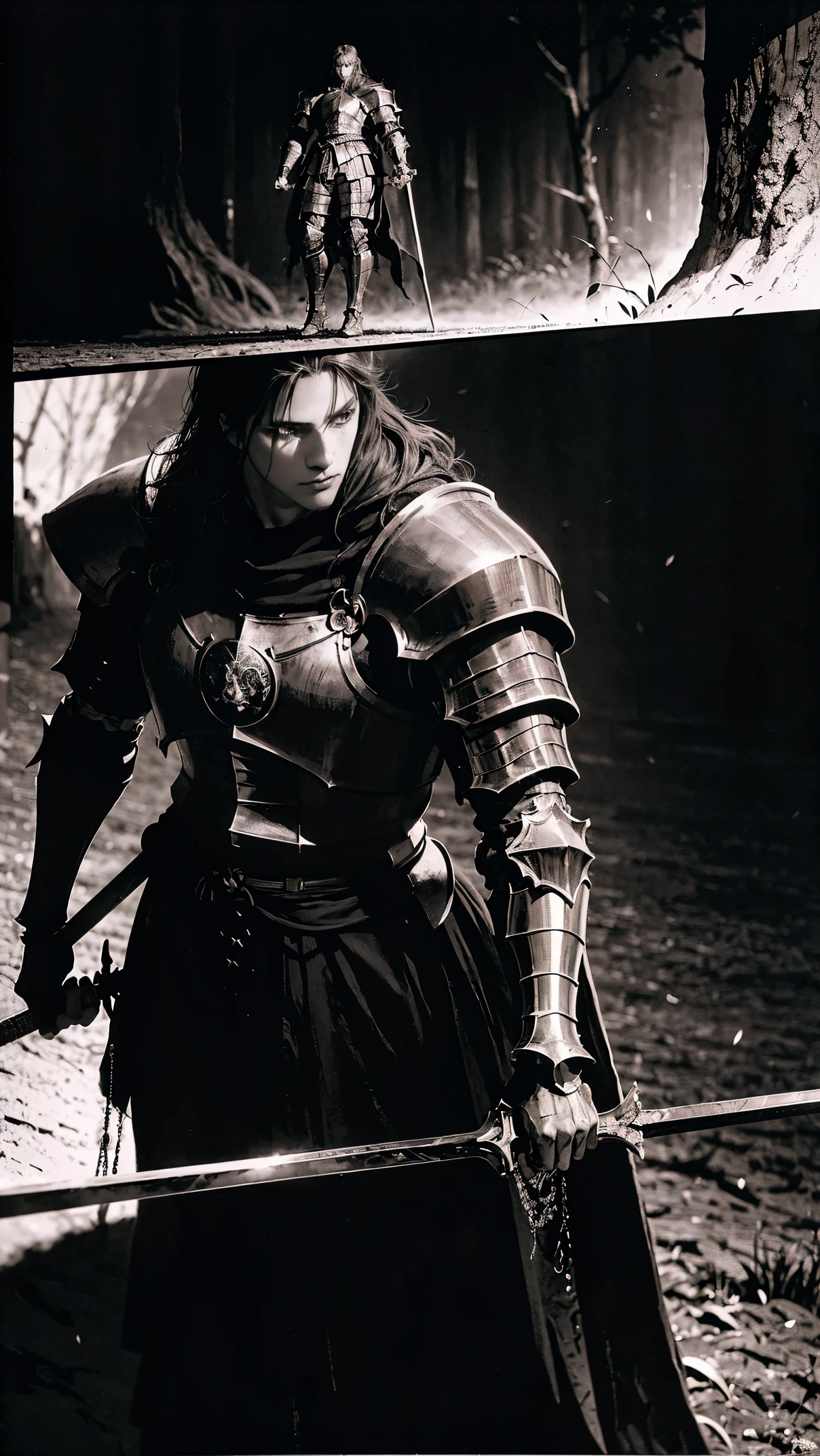highres,[manga style,anime style],knight dark figure,sword,moonlight,heavy armor,intense eyes,contrasting shadows,sharp details,dramatic pose,ethereal background,mystical atmosphere,vibrant colors,comic book aesthetics,expressive lines,action-packed scene,heroic silhouette,dynamic composition