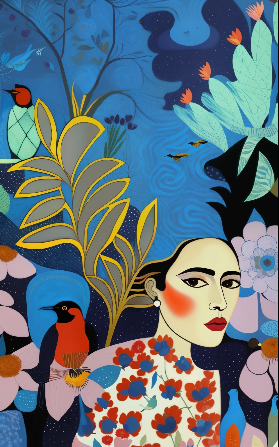 A painting of a woman with birds and flowers as a background, inspired by Diane Dillon, Inspired by Carlo, Inspired by Frida Kahlo, Inspired by Antonio Dongui, Inspired by Eugene Grasse, Inspired by Louis Anquitaine, Inspired by Camille Bombois, Inspired by Michelle Delacroix, Inspired by Jean Petito, Woman in the flowers