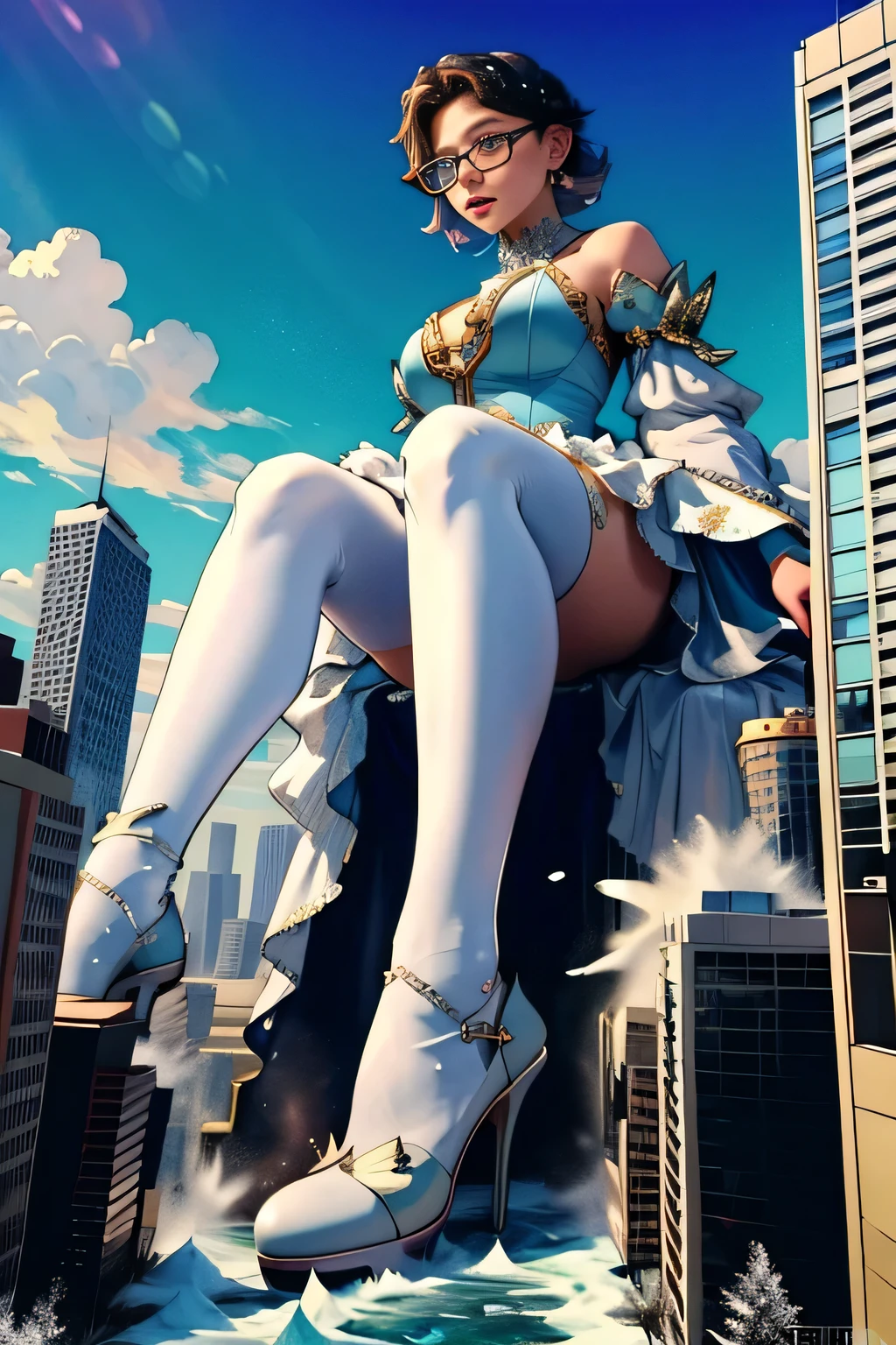 Giantの芸術, 非常に詳細なGiantショット, Giant, short hair, black pantyhose, A giant princess much bigger than a skyscraper, wearing rimless glasses, big breasts, big ass, White luxury dress, white pantyhose, white high heels, very small metropolis, miniature metropolis, full body description, ＧＴＳ, ギガGiant, Stomping City, crash city, Small town, micro city, shine, 