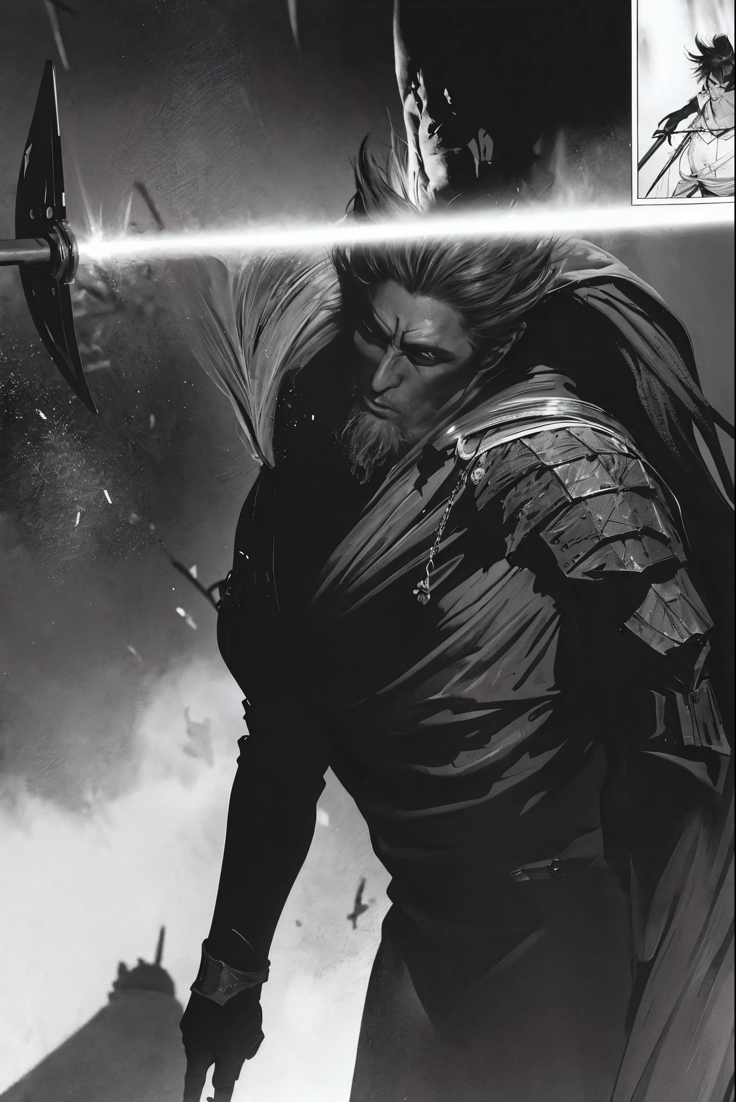 highres,[manga style,anime style],knight dark figure,sword,moonlight,heavy armor,intense eyes,contrasting shadows,sharp details,dramatic pose,ethereal background,mystical atmosphere,vibrant colors,comic book aesthetics,expressive lines,action-packed scene,heroic silhouette,dynamic composition