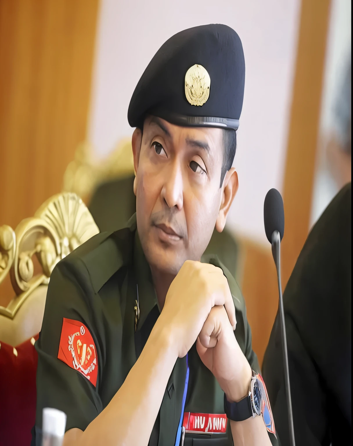there is a man in a military uniform sitting at a table, saadane afif, cop, raden saleh, ramil sunga, afp, sergeant, military, 2 d, 2d, mohamed chahin, andy worhol, wadim, in military uniform, johnatan wayshak, very clear picture, khyzyl saleem