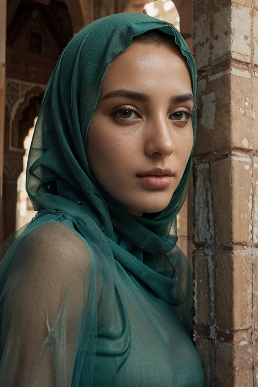 (high quality,photorealistic:1.37),beautiful detailed eyes,beautiful detailed lips,deep gaze,green eyes,hidden hands,Arab,beautiful tall woman,wearing a hijab,transparent clothing,mysterious,sexy,Morocco,vivid colors