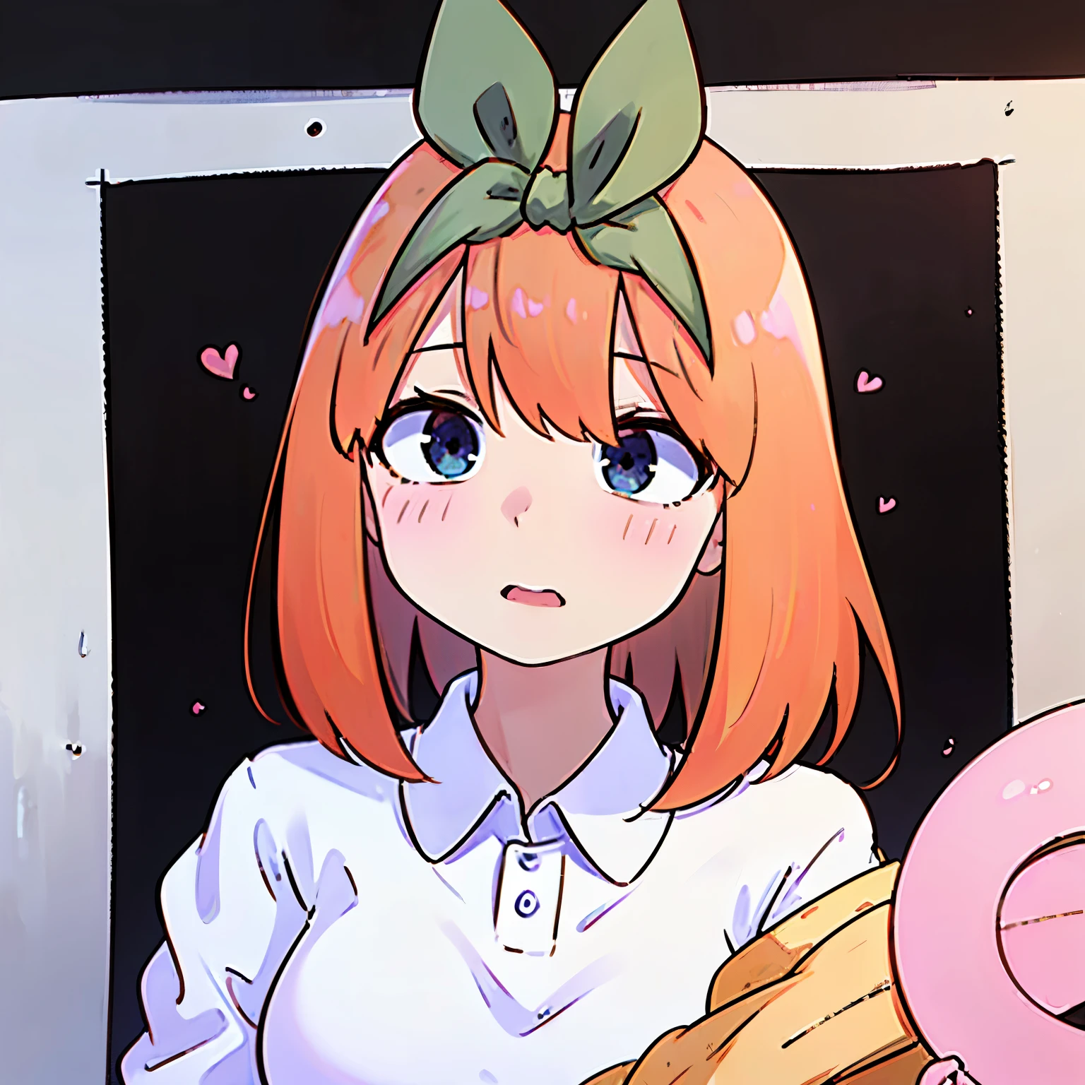  disney style Yotsuba Nakano, excellent character design, masterpiece, 4k, perfect anatomy, perfect face, perfect eyes, 1girl, solo, full body, extremely long orange pink red hair, green ribbon, hair ribbon