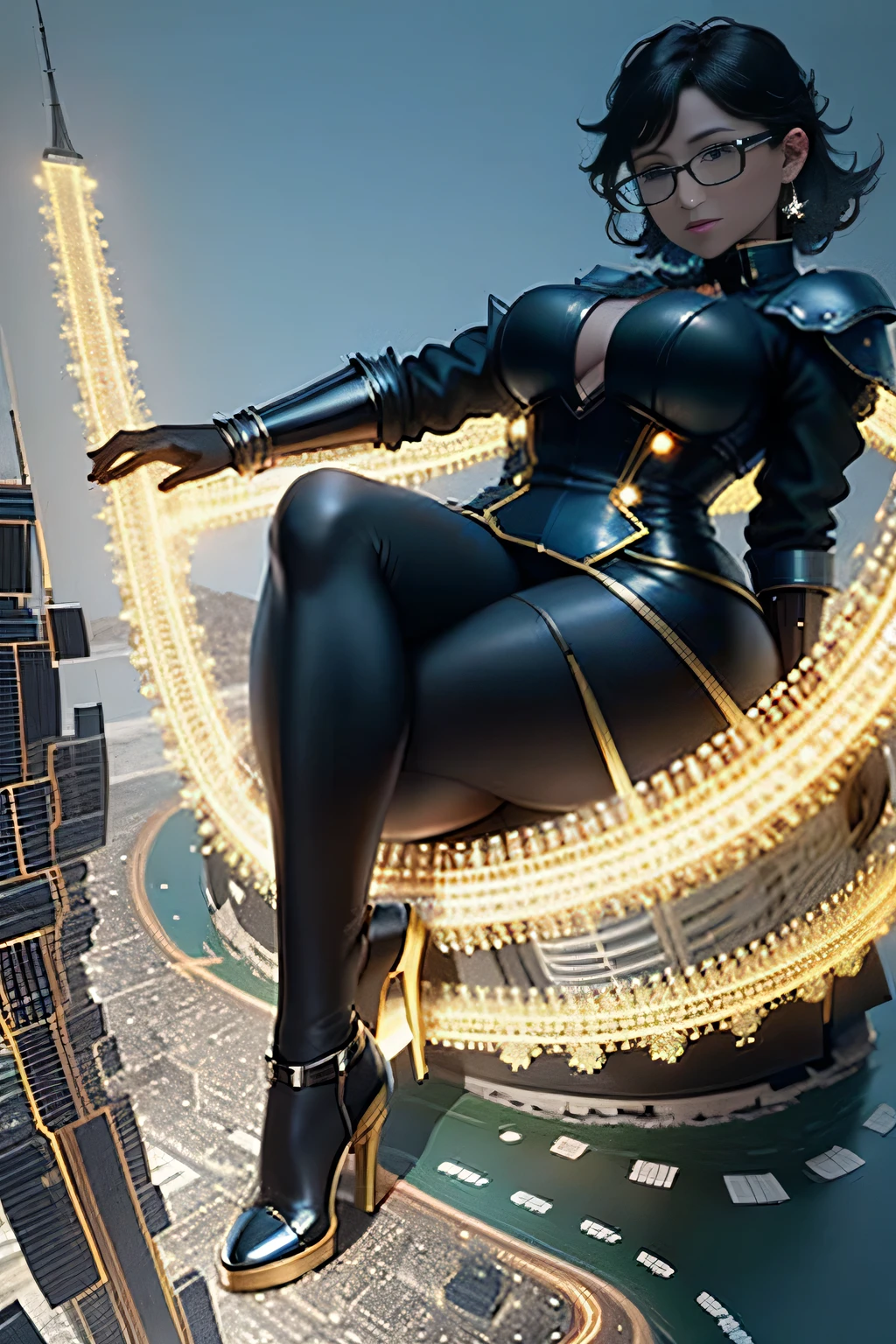 Giantの芸術, 非常に詳細なGiantショット, Giant, short hair, black pantyhose, A giant princess much bigger than a skyscraper, wearing rimless glasses, big breasts, big ass, White luxury dress, white pantyhose, white high heels, very small metropolis, miniature metropolis, full body description, GTS, ギガGiant, Stomping City, crash city, Small town, micro city, shine,