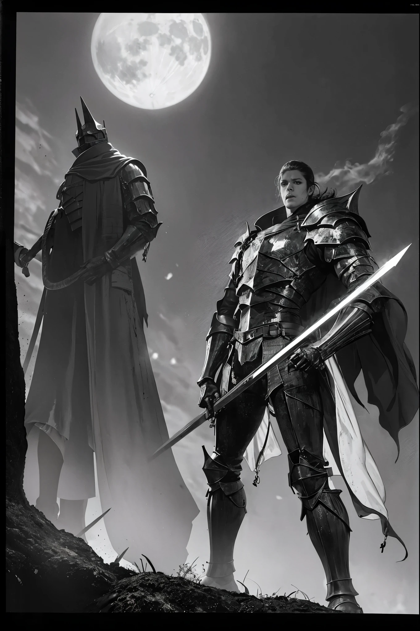 highres,[manga style,anime style],knight dark figure,sword,moonlight,heavy armor,intense eyes,contrasting shadows,sharp details,dramatic pose,ethereal background,mystical atmosphere,vibrant colors,comic book aesthetics,expressive lines,action-packed scene,heroic silhouette,dynamic composition
