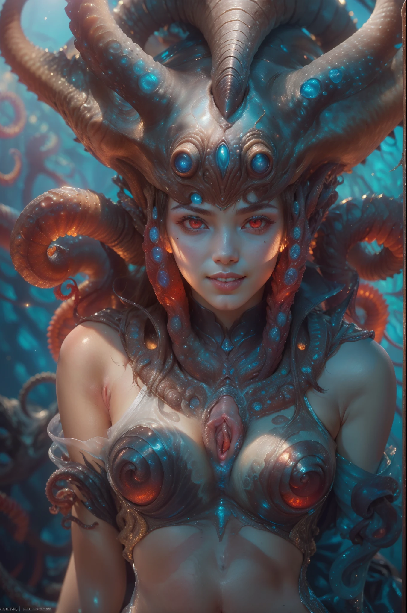 scary and sexy detailed art in color, Portrait, (beautiful and obscene female alien:1.4), (vulgarity1.7), (she has red eyes with no pupils:1.8), (Translucent skin:1.7), (There is a female genital-like organ in the middle of the forehead:1.9), (The most beautiful face in the history of the universe:1.2),an evil gaze that seduces, (large mouth:1.1), (sharp teeth like a vampire:1.2), Full body portrait, (bio luminescent:1.5), (Smile wickedly:1.3), (sexypose:1.5), alien, No humans, cells are fused, (Lots of translucent tentacles:1.3) extraterrestrial, cell, bio image, best quality, 8K,In 4K_quality, High freshness, Dramatic Lighting, masutepiece:1.5,cinematic quality, detail up, (exquisite details:1.2), high resolution, High freshness, drawing faithfully, (Thick eyebrows:1.2), Beautiful eyes with fine symmetry,(Highly detailed face and eyes:1.2), Intimate face, (Super detailed skin quality feeling:1.4), perfect anatomy, (Beautiful toned body:1.5), (Moist skin:1.2), not wearing makeup, (dark circles:1.1), long canines, cinematic drawing of characters, ultra high quality model, cinematic quality, detail up, (exquisite details:1.2), high resolution, High freshness, drawing faithfully, official art, Unity 8K Wall paper, best quality, Very high resolution, ultra detailed artistic photography, midnight aura, unreal engine 5, Ultra Sharp Focus, art by Amano Yoshitaka, ArtGerm, Roisch, intricate artwork, best quality, masterpiece, ultra high resolution, (photos realistic:1.4), ultra realistic realism, dream-like, nautilus, Creation of fantasy, Snail, Dream Snail, (biopunk nautilus:1.3),Thrilling color schemes, ultra realistic realism, seductively smiling, Blue tentacles, Amazing mutation, well-proportioned body, goddess of the deep sea
