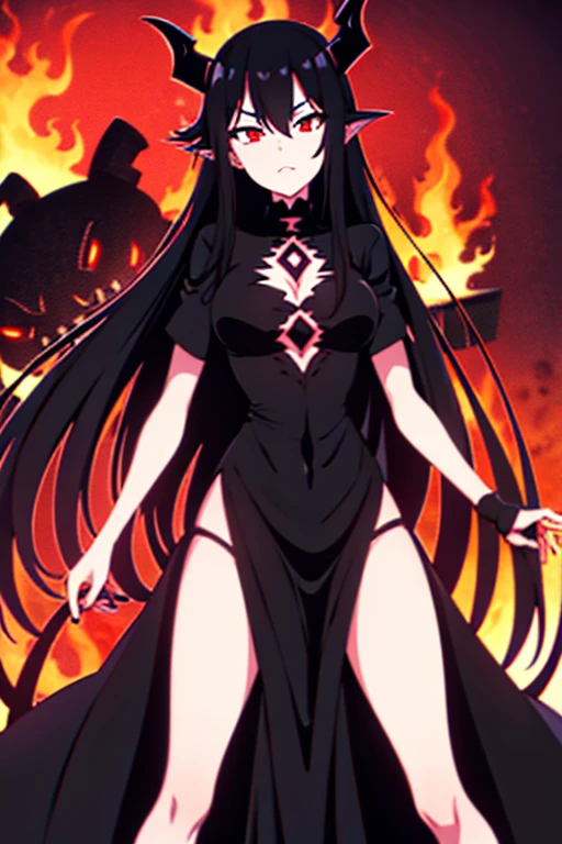 woman demon, extremely insane, long black hair, black demonic dress, burning village, demon horns, red glowing eyes