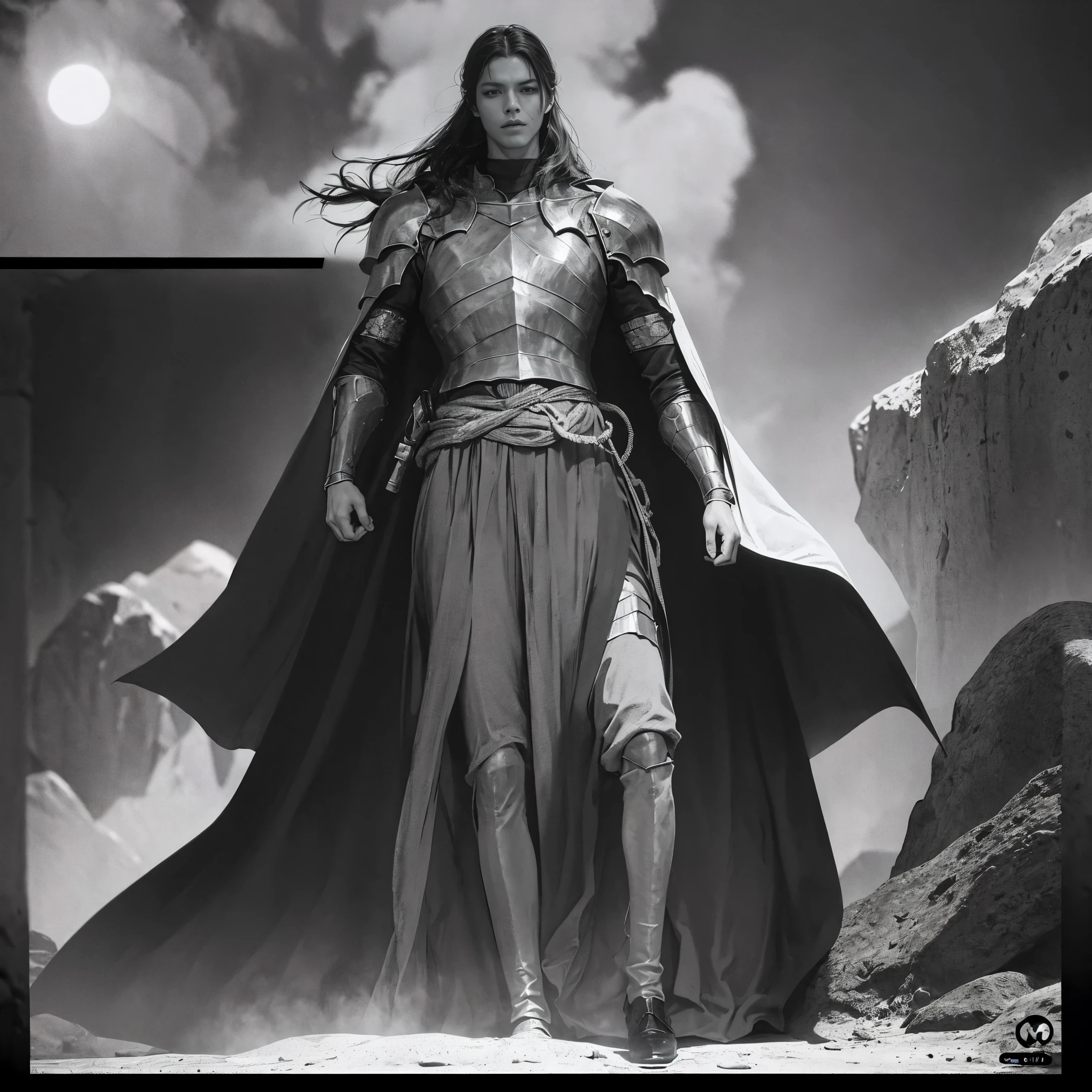 highres,[manga style,anime style],knight dark figure,sword,moonlight,heavy armor,intense eyes,contrasting shadows,sharp details,dramatic pose,ethereal background,mystical atmosphere,vibrant colors,comic book aesthetics,expressive lines,action-packed scene,heroic silhouette,dynamic composition