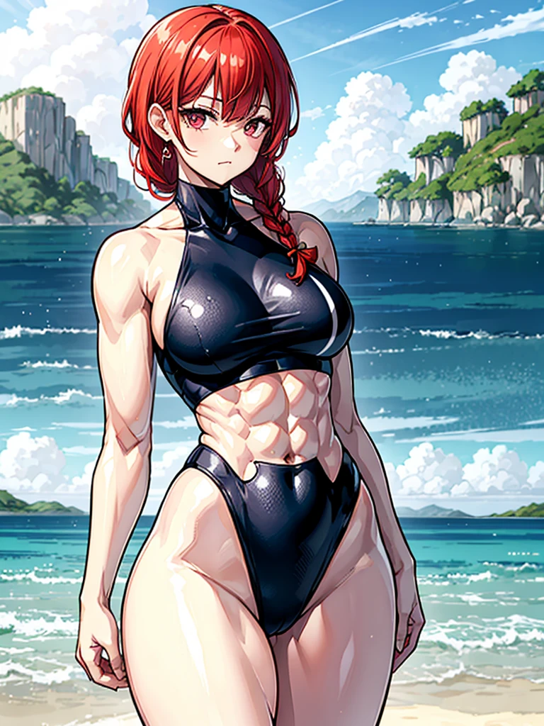(((masterpiece、Highest image quality、highest quality、highly detailed unity 8kwallpaper)))、((Illustration of one girl))、(((beautiful girl)))、((red hair、Braid、sidelocks:1.2、red eyes))、(((stocky build:1.2, thickset physique:1.3, muscular legs, broad shoulders:1.3, solid chest:1.2)))、swimsuit、sandy beach
