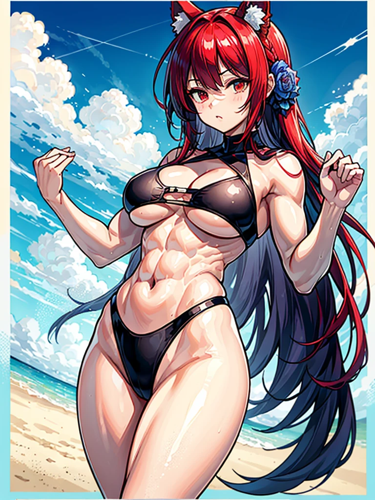 (((masterpiece、Highest image quality、highest quality、highly detailed unity 8kwallpaper)))、((Illustration of one girl))、(((beautiful girl)))、((red hair、Braid、sidelocks:1.2、red eyes))、(((stocky build:1.2, thickset physique:1.3, muscular legs, broad shoulders:1.3, solid chest:1.2)))、swimsuit、sandy beach