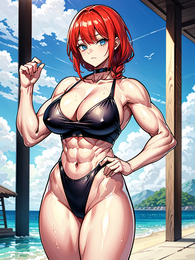 （（（masterpiece、Highest image quality、highest quality、highly detailed unity 8ｋwallpaper）））、（（Illustration of one girl））、（（（beautiful girl）））、（（red hair、Braid、sidelocks：1.2、blue eyes））、（（（stocky build：1.2, thickset physique：1.3, muscular legs, broad shoulders：1.3, solid chest：1.2）））、swimsuit、sandy beach