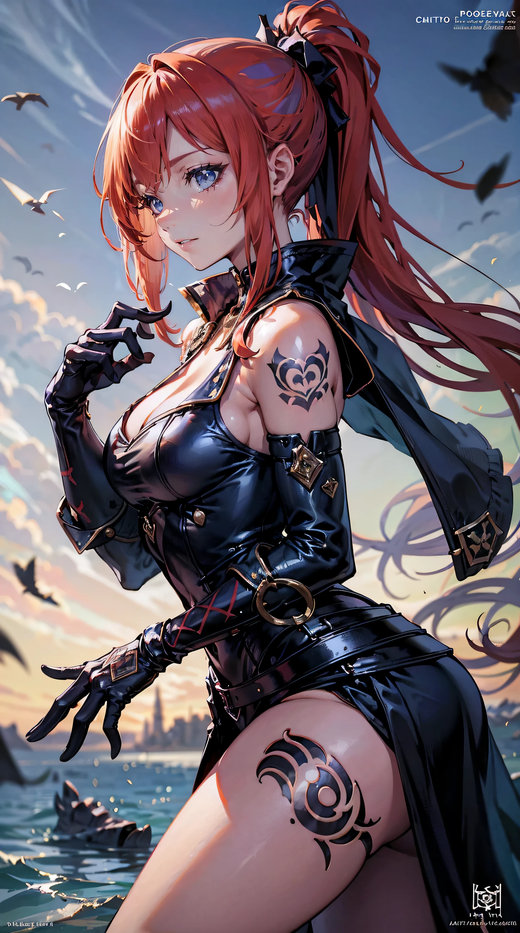 ((Magazine Cover Art)), tattoo female pirate from the 1800s, pirate outfit:1.3, red hair, Side Chest, (Sleeveless:1.14), From the side, perfectly detailed hands and fingers,