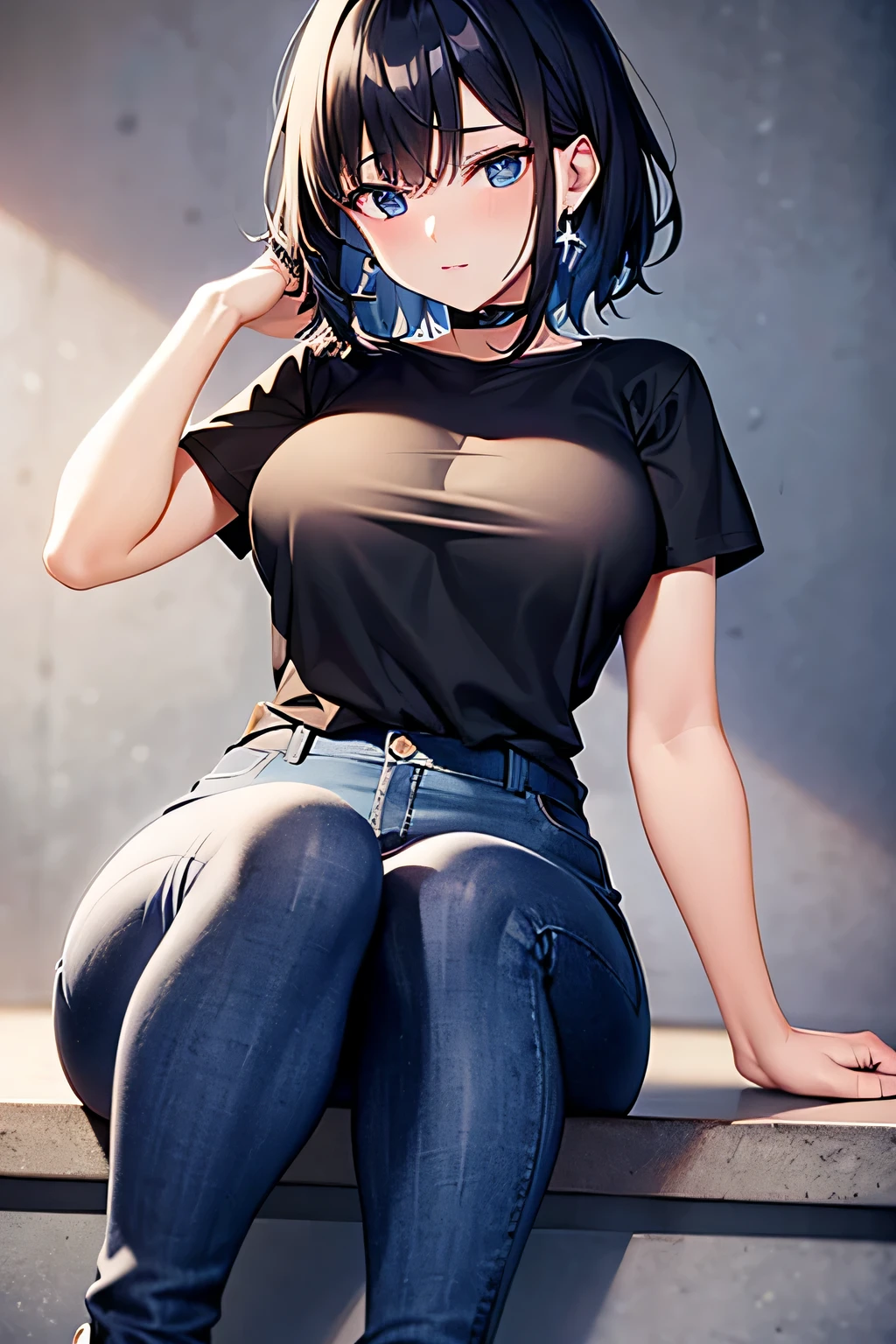 (best quality), (masterpiece), 1080p, hd, 4k, 8k, pretty face, beautiful, pretty hands, incredible, beautiful eyes, black haired girl, medium breasts, long eyelashes, blue eyes, perfect legs, black T-shirt, black long jeans, wolf cut hair, mid short hair, blue heels, earrings, no nsfw