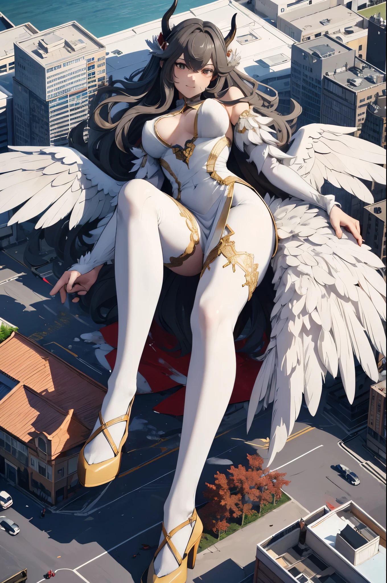 Aerial View，giant girl 50,000 feet high，Have a pair of long legs，Has a pair of huge angel wings，With huge devil horns on his head，Has gray waist-length hair，loose hair，Wearing a pair of Mary Jane heels，gray wavy hair，lace gloves，lace pantyhose，蕾丝whole body，leaning upright on a tall building，城市到处是blood stains，Beautiful appearance，Exquisite makeup，quality，8k，高quality，(governor:1.5)，Perfect proportion, Cinema lighting，film grain，Fuji colors，8k，textured skin，Super details，high detail，high resolution，explode，fake smile，blood stains，脚底有blood stains，whole body，Fat stature