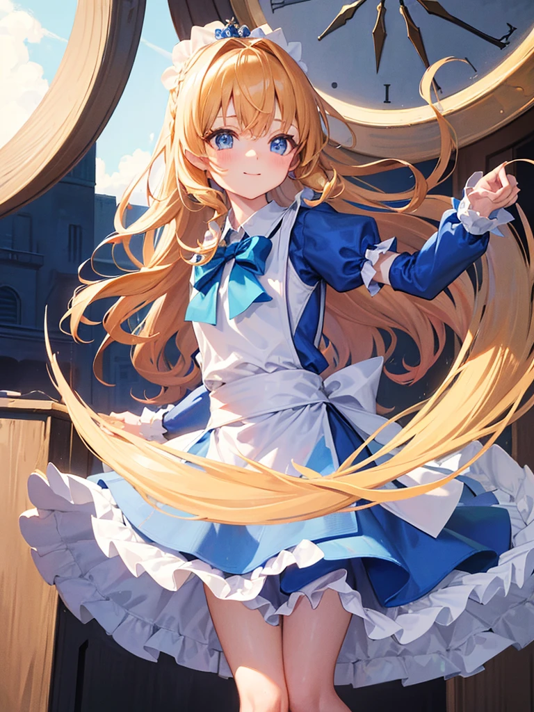 photo realistic, (masterpiece,best quality:1.4),(8k,raw photo,photo realistic:1.2), detailed skin, detailed face,1girl,Japanese idol,cute face, little girl, Not Safe for Work, (raw photo, photo realistic: 1.2), 1 girl in, length hair, blue eyes, blonde hair, light smile, ((shiny wavy hair)), diadems, A pose where can you be seen from below, doress, the bow, (clock, wonderland), gothic dresses, shairband, movement, looking at the viewers, shortsleeves, the bow hair, blue shairband, a smile, red blush, hand on own face , Blue Doress, Alice (Alice in Wonderland), Hair Between Eyes, White frilled legwear, ((Blue the Bow)), A Throne, Puffy Sleeves, Put Your Hand on Your Cheek, Bangss, Apron Dress, shortsleeves, ((Blue bow ribbon)), long hair, (mini crown), foot out of frame, frilld, white gothic dresses,: q, masterpiece, top-quality, (worn skirt, twat, camel's toe)), not safe for work, Little Girl, child, 14 yo, braided bangs, (((trading card))),
