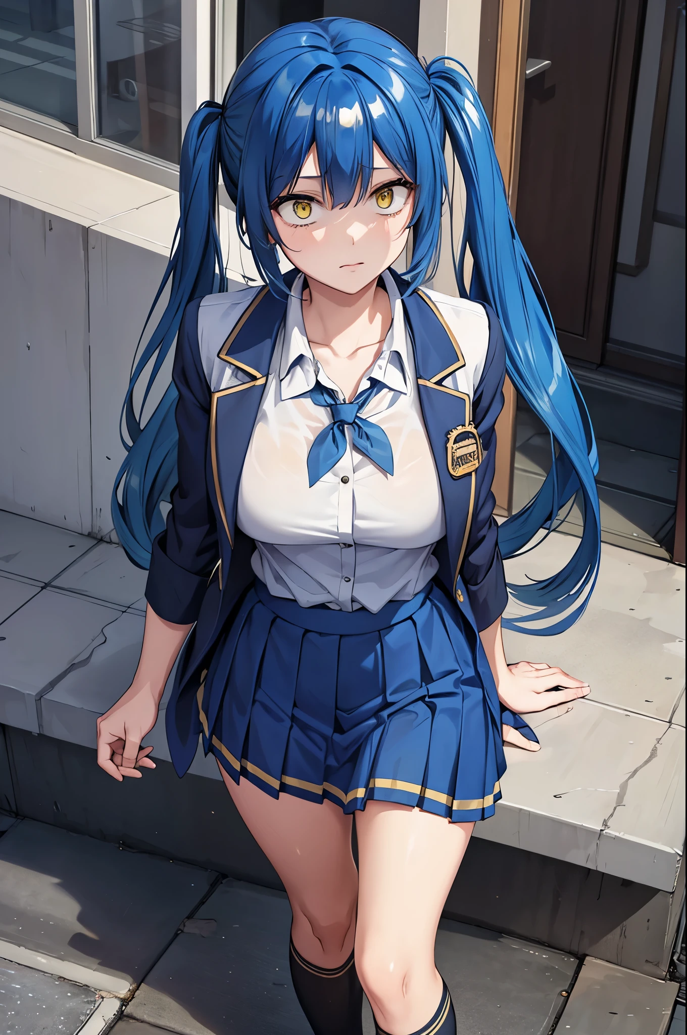 blue hair, yellow eyes, twintails, school uniform, shirt, very long skirt, suit