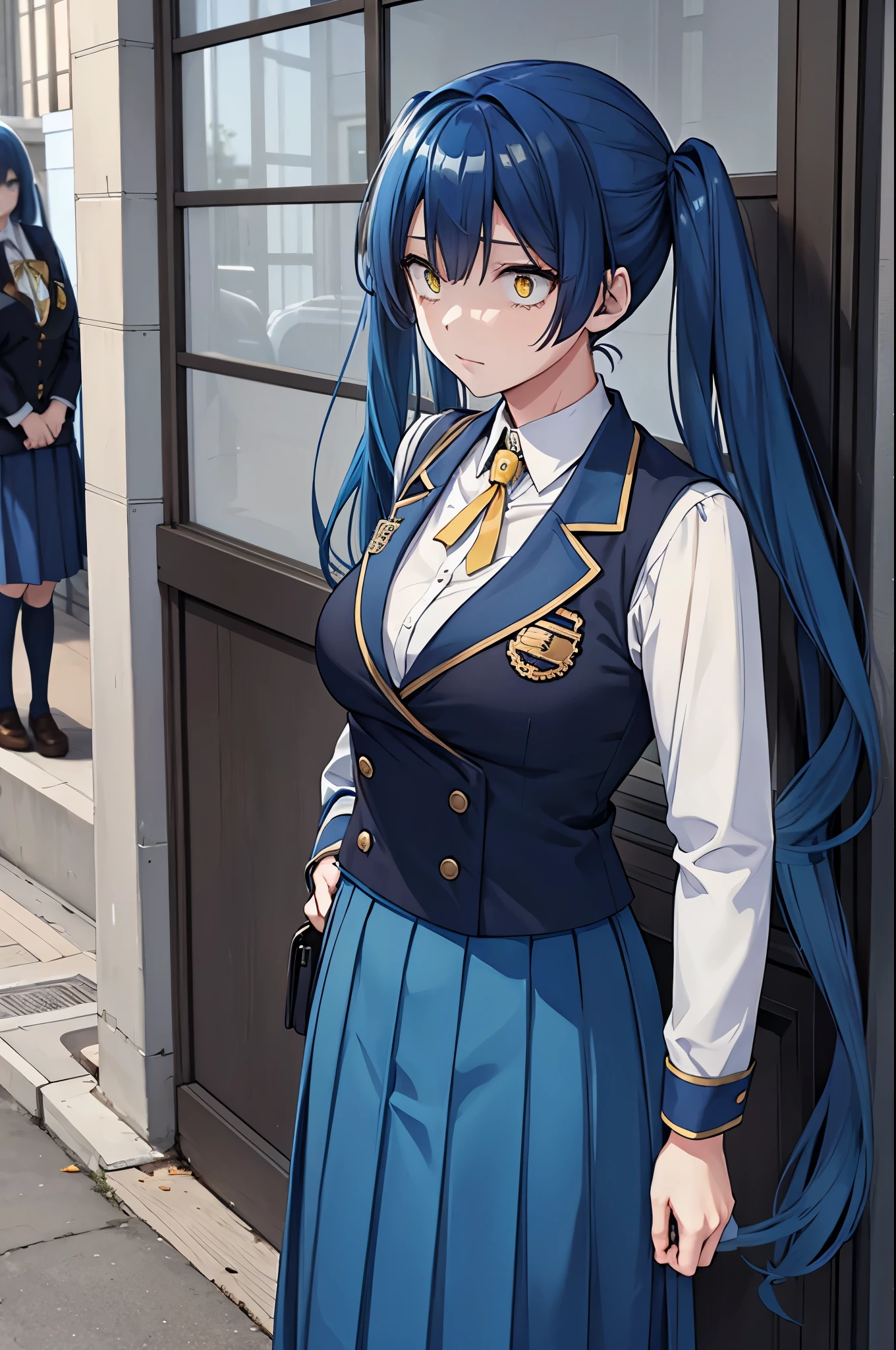 blue hair, yellow eyes, twintails, school uniform, shirt, very long skirt, suit